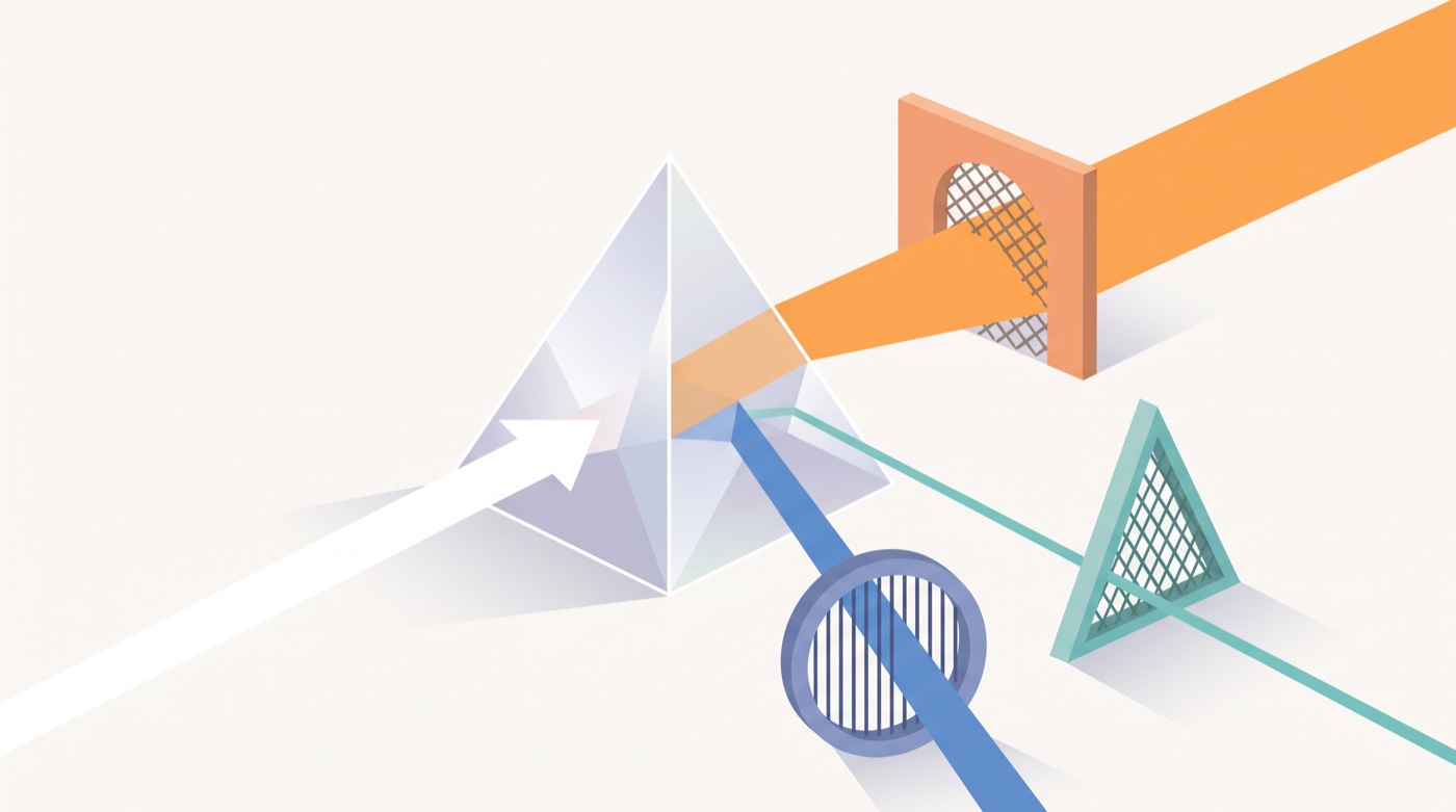 Vector illustration of a glass prism splitting one white beam of light into three separate beams, a wide orange one, a narrow blue one, and a thin teal one, each passing through its own differently shaped gate.