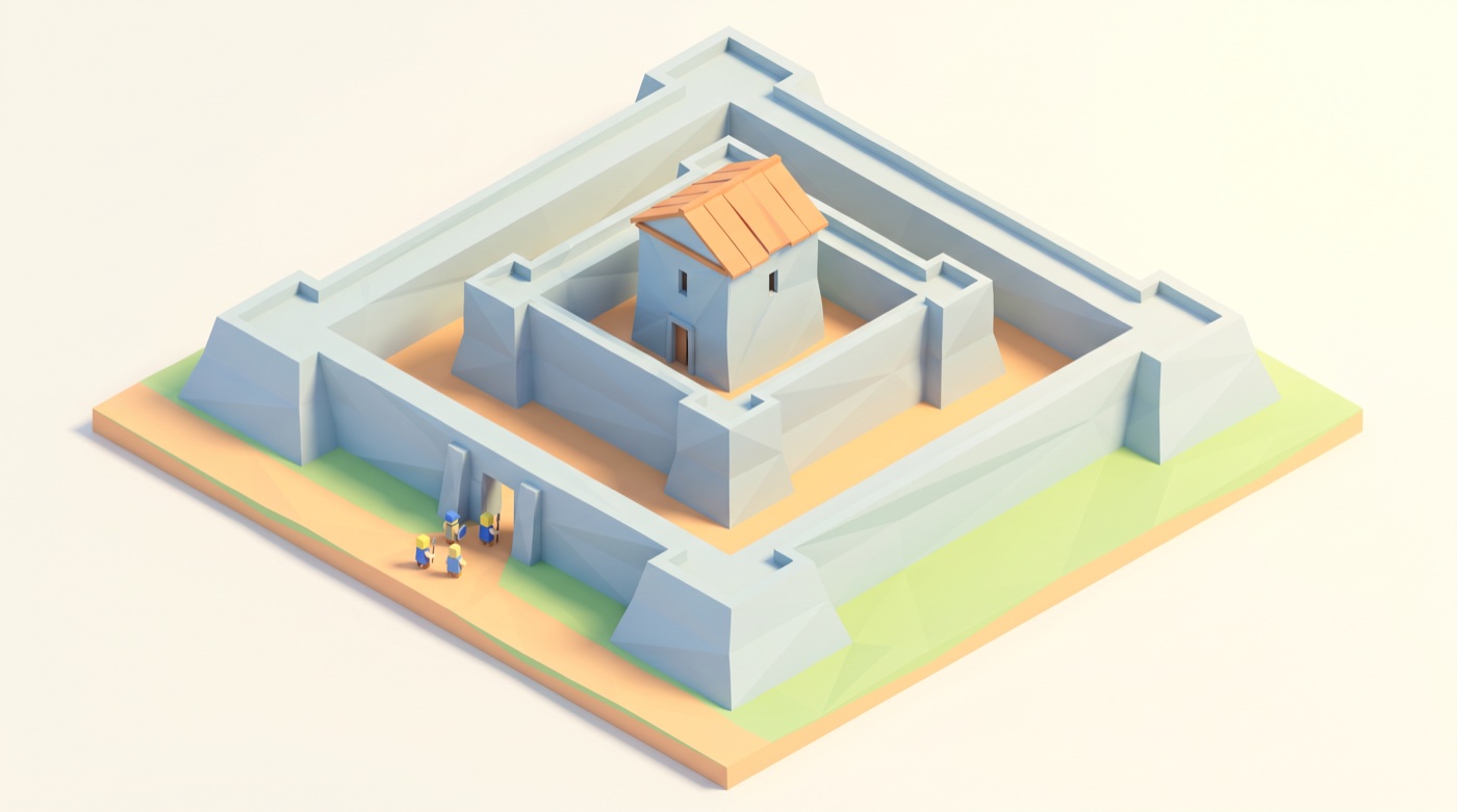 Low-poly isometric illustration of a sunlit fortress with three concentric walls, a wide outer rampart, a tighter middle wall, and a small orange-roofed inner keep, with tiny figures at the single outer gate.