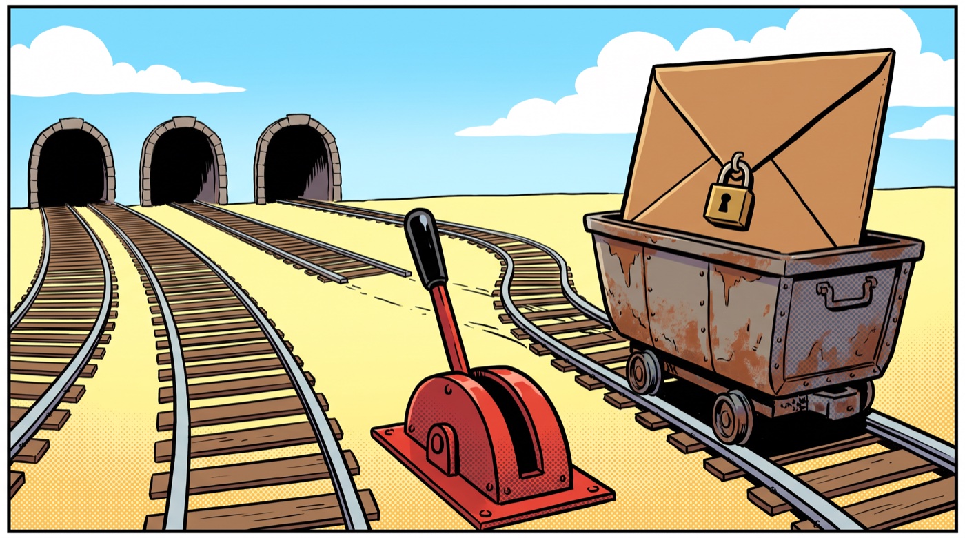 Comic panel of a rail yard where a red switch lever routes a cart carrying a padlocked envelope onto a lone track, away from three parallel tracks leading into three tunnels.