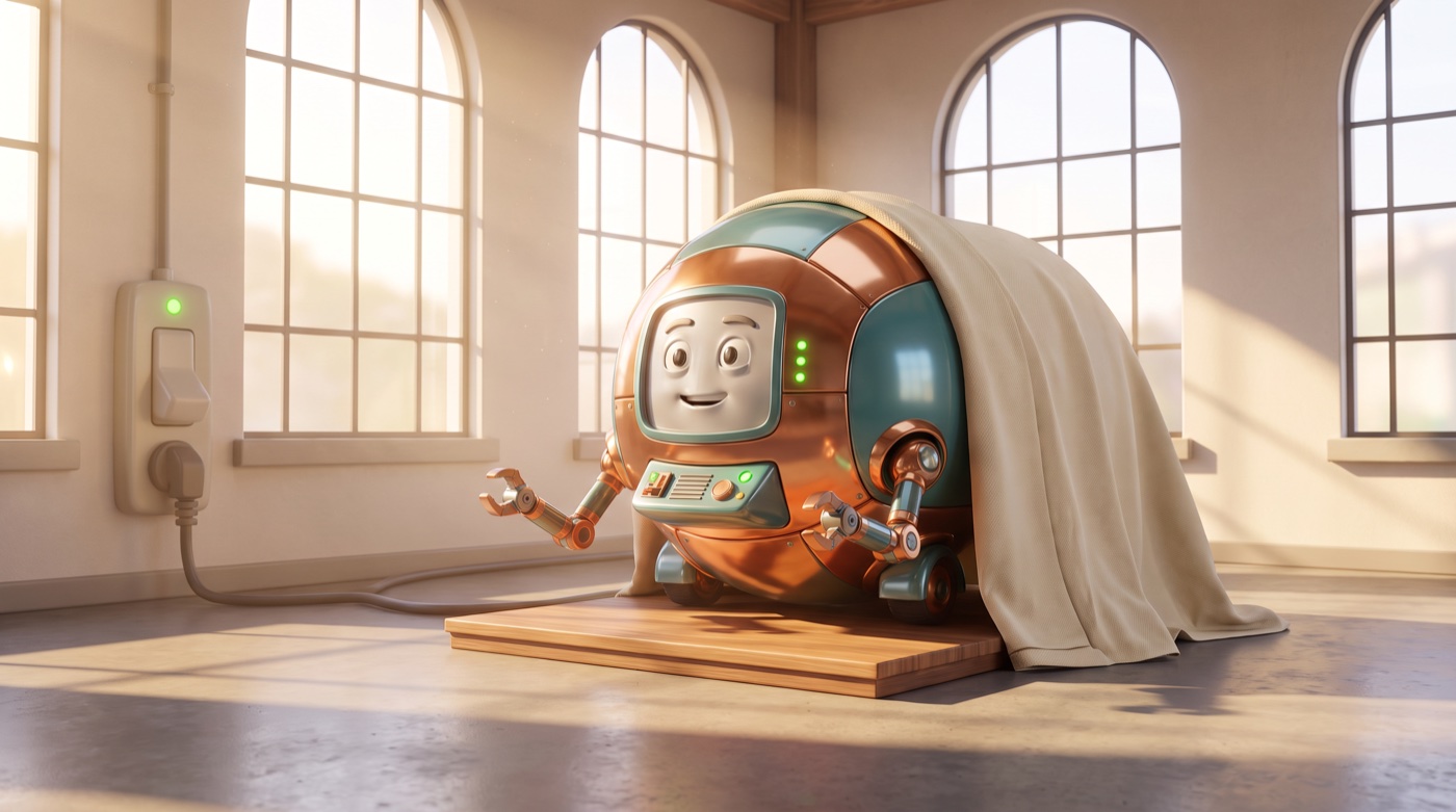 A smiling round copper and teal robot sits half covered by a canvas tarp in a bright sunlit workshop, green status lights on, its power cable plugged into a wall switch.