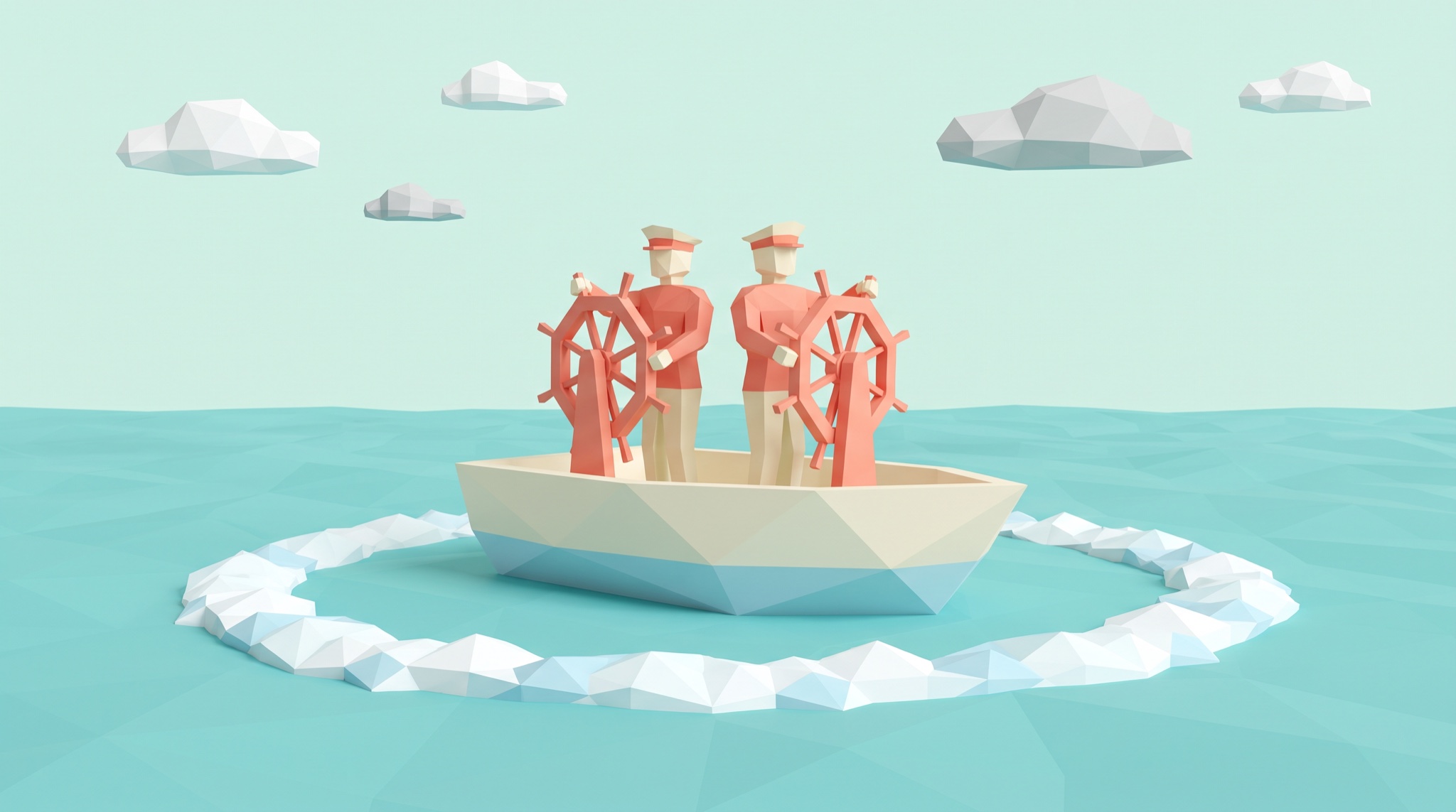 Low-poly illustration of two captains on one small boat, each turning a separate ship wheel in opposite directions while the boat traces a circular wake in a turquoise sea.