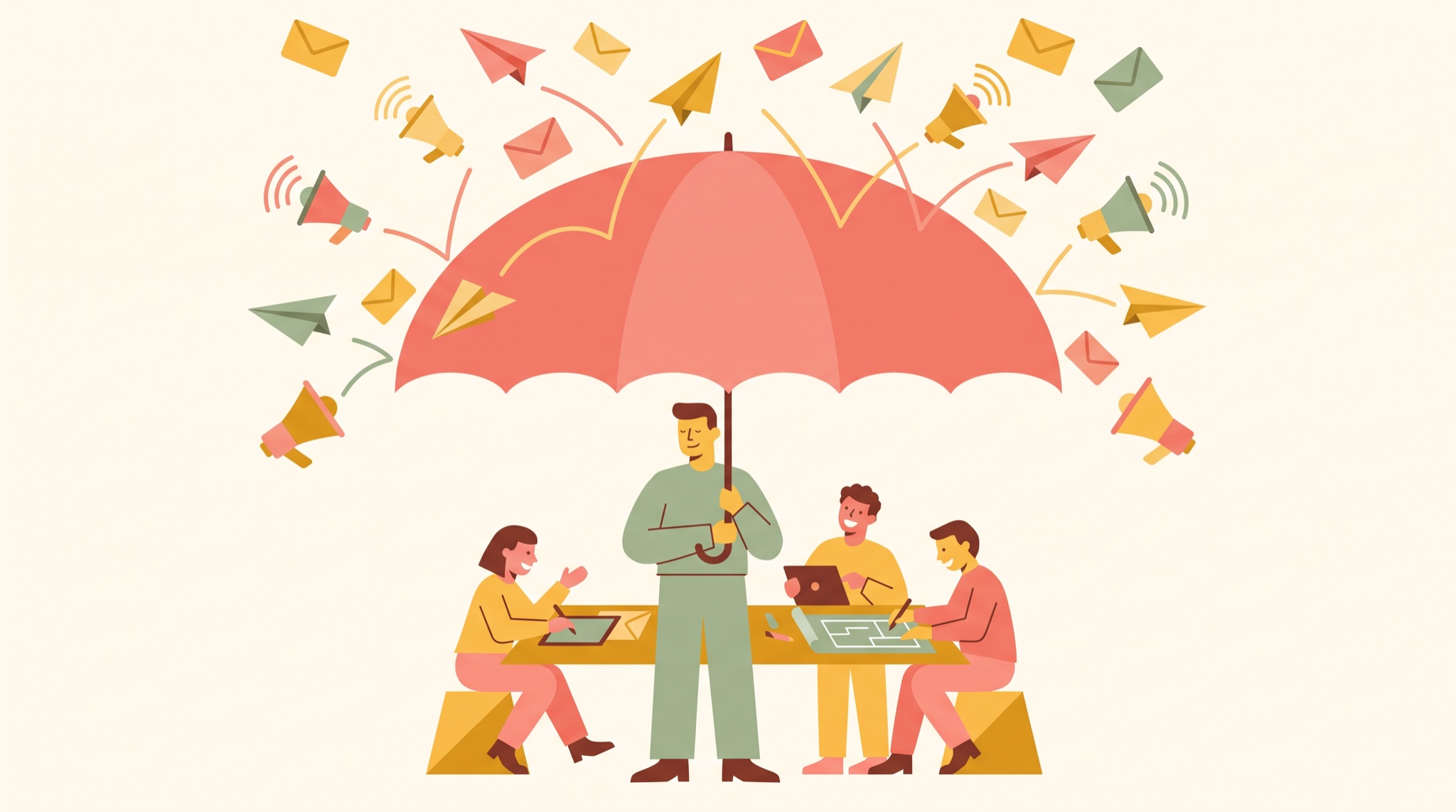 Flat vector illustration of a manager holding a large coral umbrella over three teammates working at a desk while paper airplanes, envelopes and megaphones bounce off the canopy.