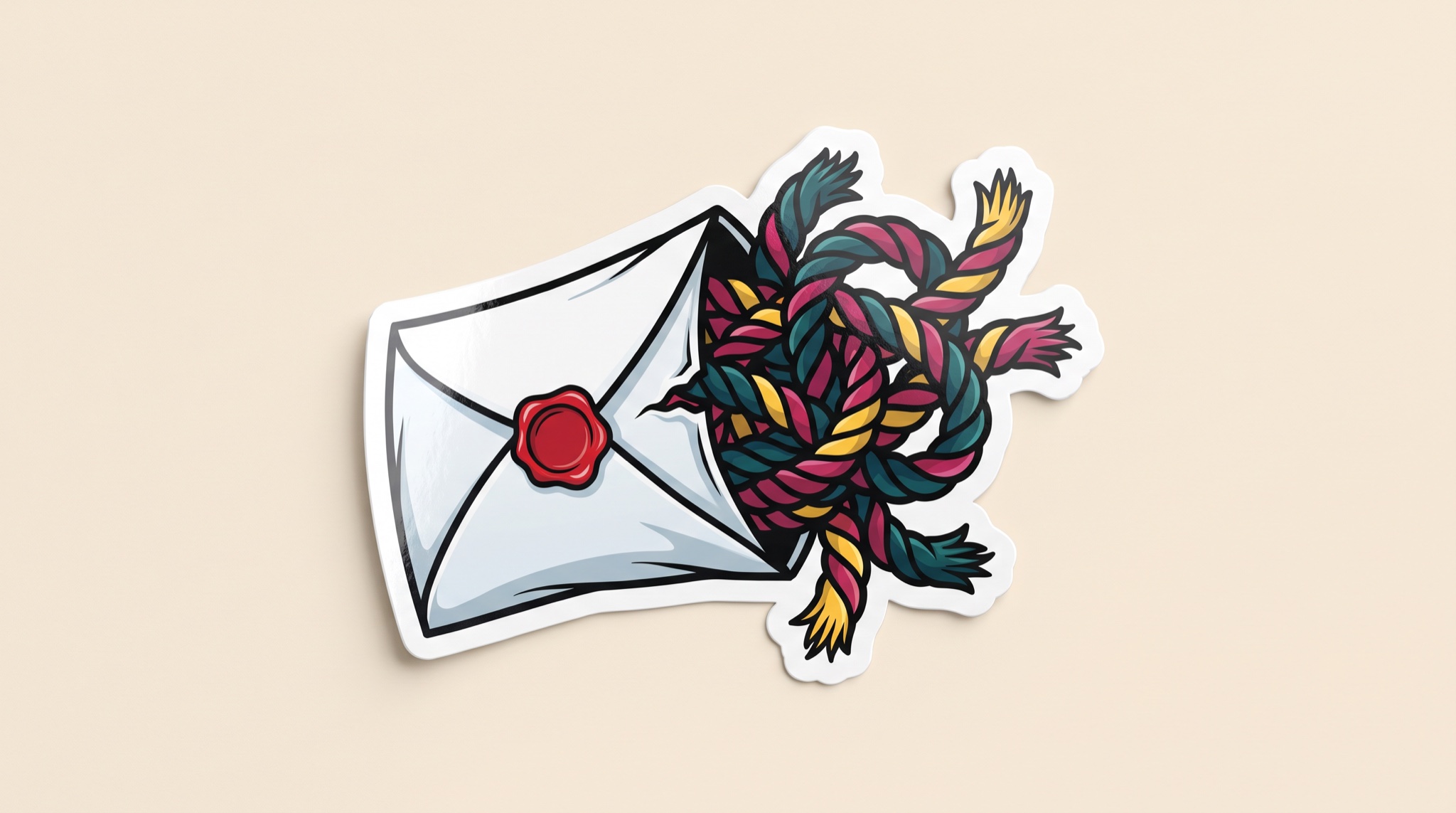 Sticker-style illustration of a small white envelope with a red wax seal, its seams straining as a huge tangled knot of colorful rope bursts out of it.