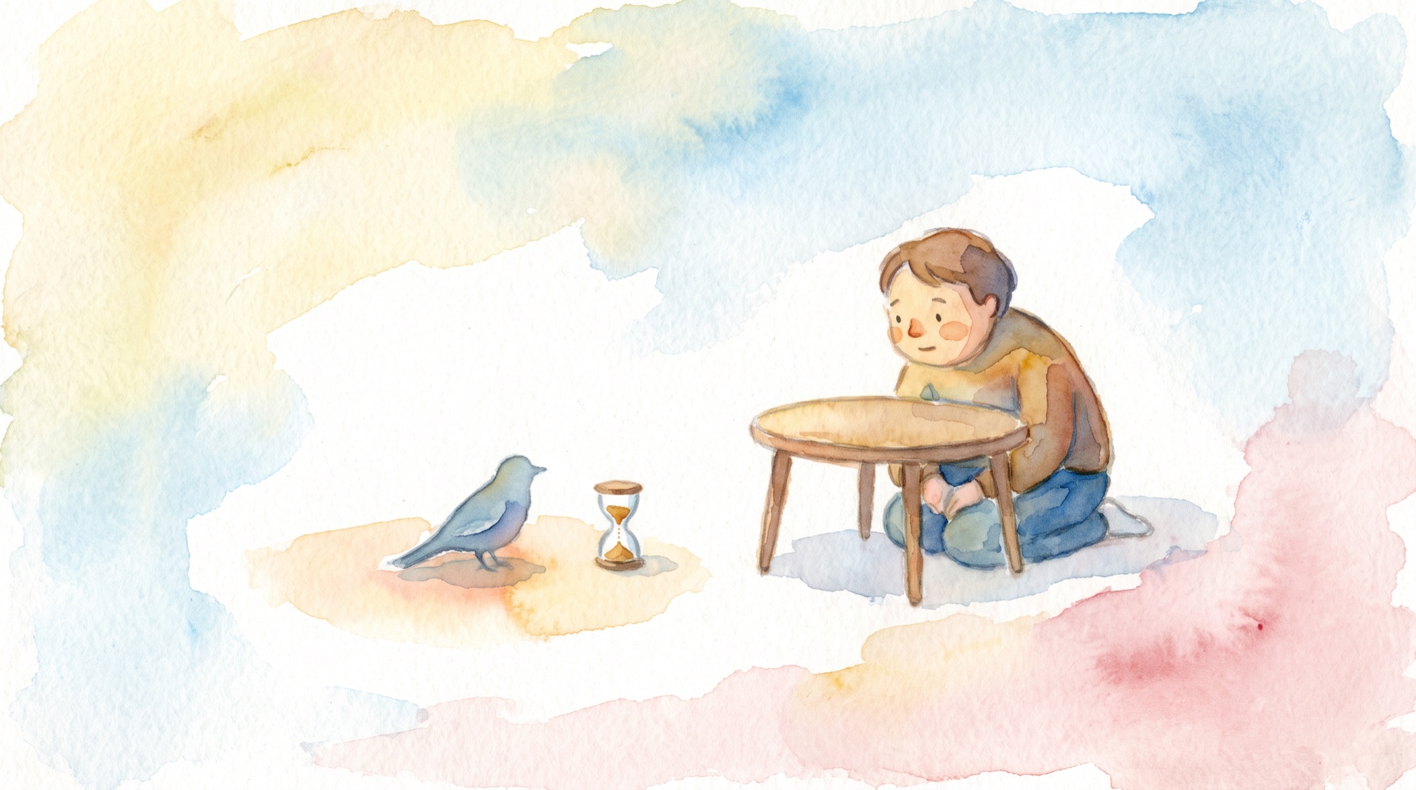 Watercolor of a person kneeling at a small round table, hands held in their lap and mouth closed, while a small blue bird stands nearby next to a tiny hourglass with sand still falling.