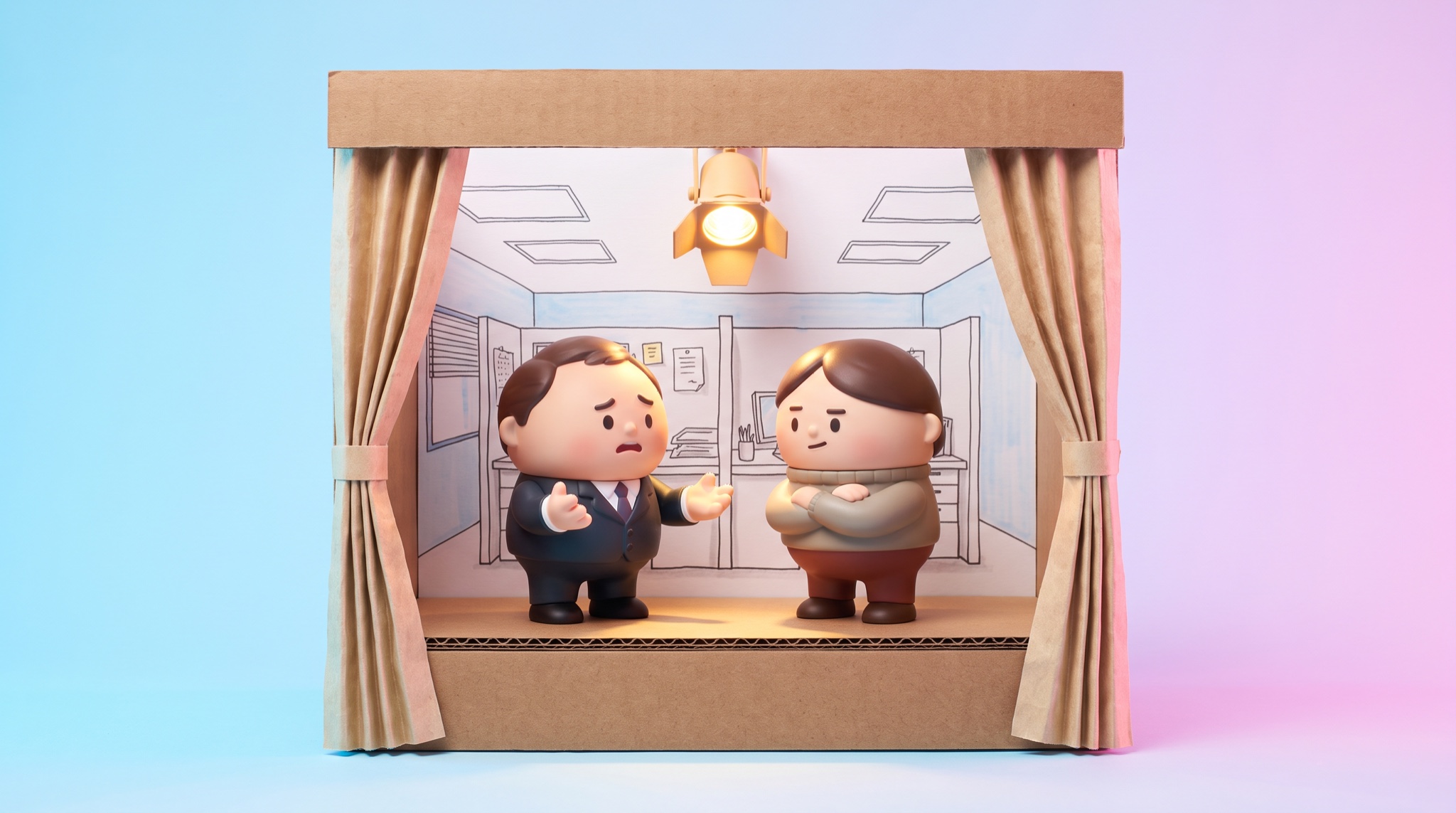 Two chubby vinyl figurines face each other on a cardboard toy theater stage with a drawn office backdrop, one gesturing anxiously while the other listens with crossed arms under a toy spotlight.