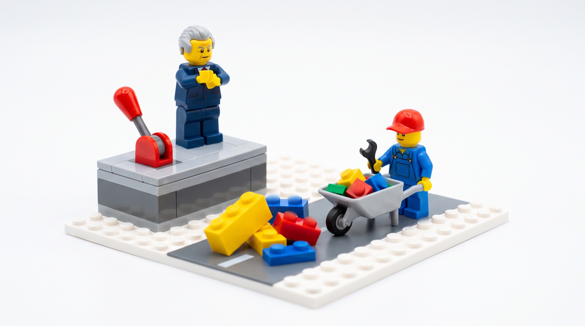 A gray-haired Lego minifigure in a suit stands beside a big red lever with arms crossed while a junior minifigure with a wheelbarrow clears toy bricks off a small road below.