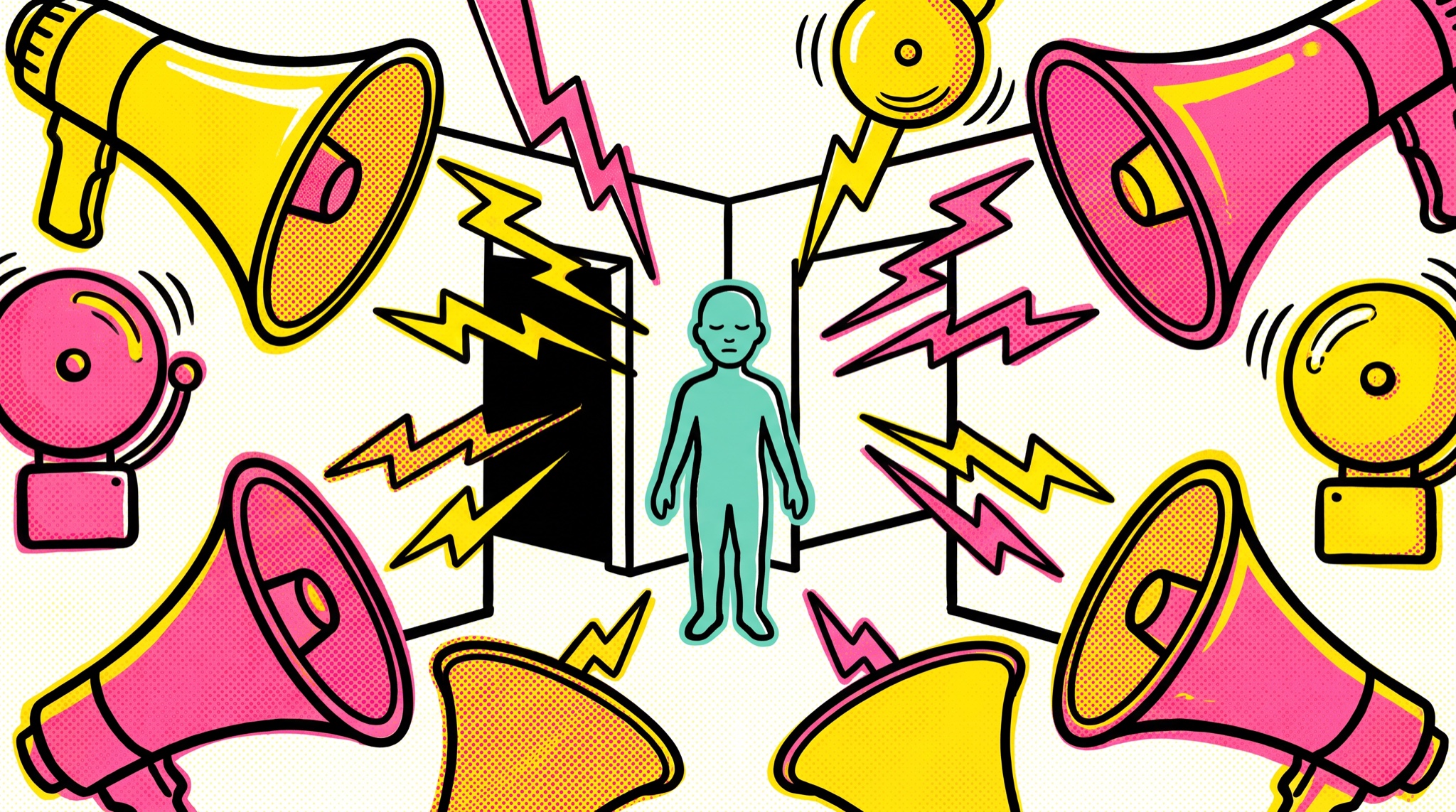 Pop-art illustration of a calm teal figure standing still with eyes closed while pink and yellow megaphones and alarm bells blare from all directions.