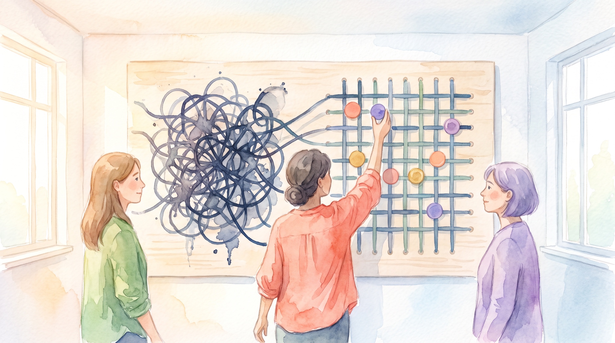 Watercolor of three people at a wall board where tangled dark threads on the left resolve into a woven grid holding colored tokens on the right.