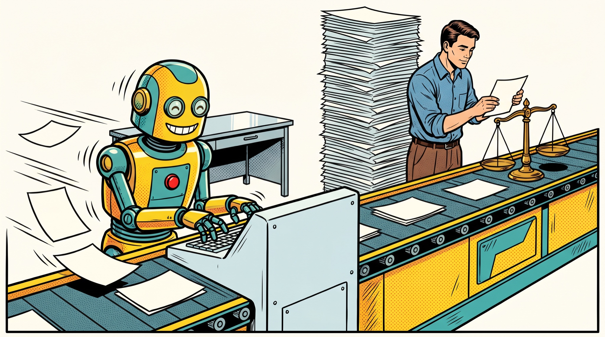 Comic-style illustration of a factory conveyor line where a robot types rapidly at a clear station while a man weighs one page on balance scales beside a towering stack of paper.