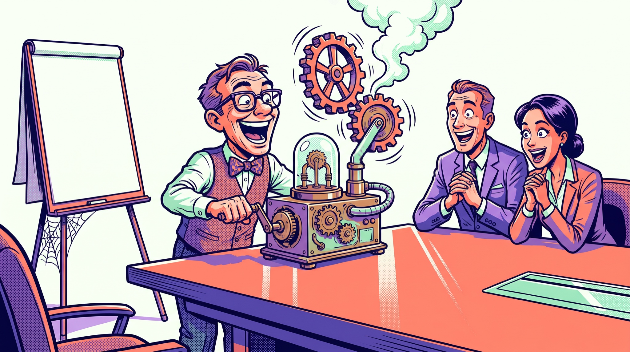 Comic-style illustration of an inventor cranking a small gear machine on a boardroom table as two executives lean in, while a blank flipchart easel with a cobweb stands ignored in the corner.