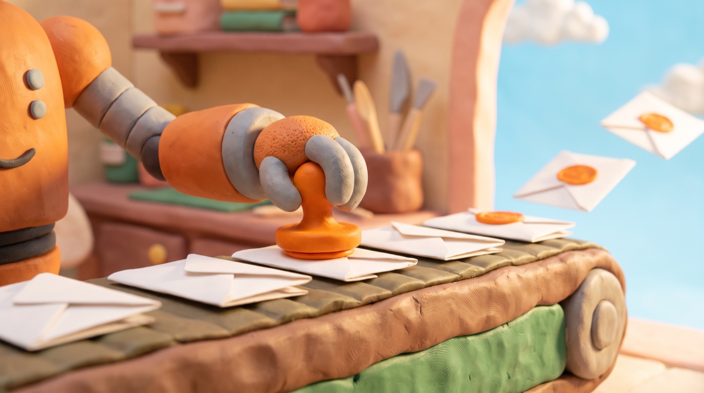 Claymation scene of an orange robot arm pressing a round orange wax seal onto white envelopes riding a conveyor belt, with stamped envelopes flying off toward a blue sky.