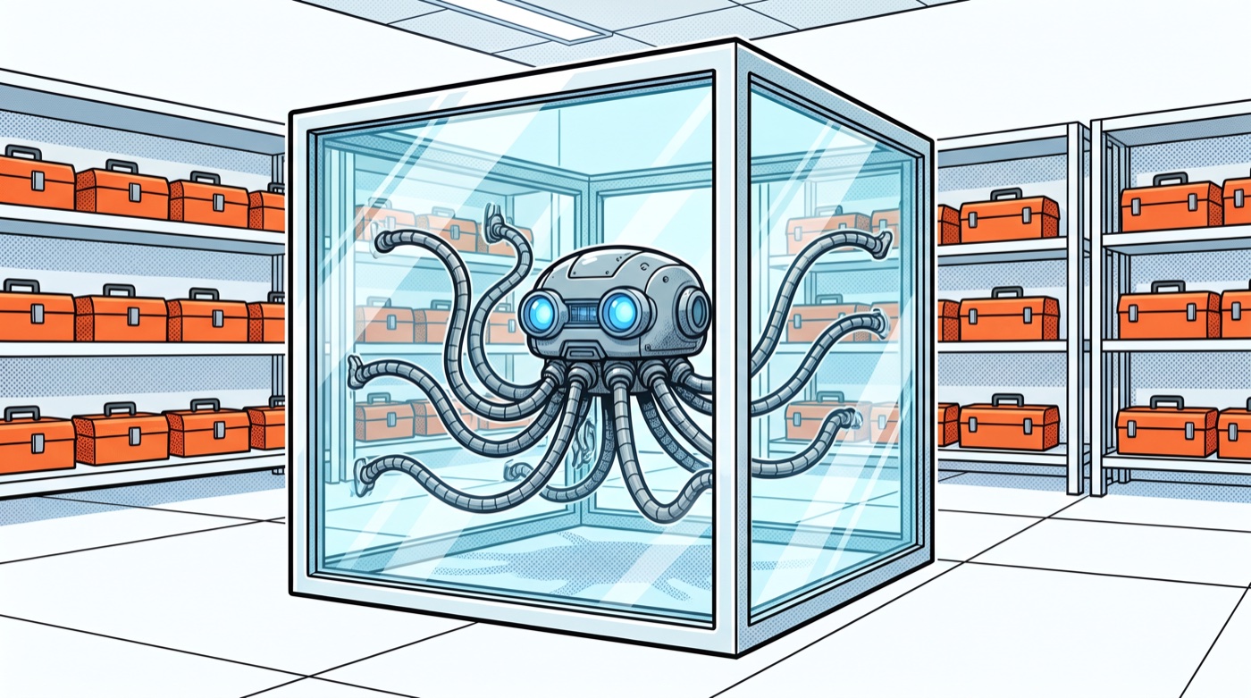 Comic-style illustration of a robot octopus with segmented cable tentacles sealed inside a thick glass cube in a bright white laboratory, with shelves of orange toolboxes lining the walls out of its reach.