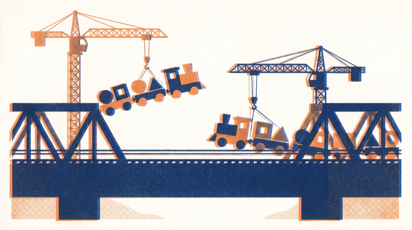 Two-ink risograph print of a sturdy steel railway bridge in orange and deep blue, while two tower cranes above the track lift one toy train away and lower a different one in.
