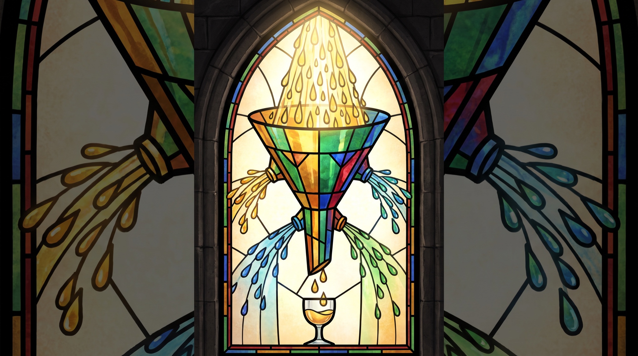 Stained-glass window of a giant funnel with golden drops pouring in the top, streams leaking from every joint, and a thin trickle reaching a small goblet at the bottom.