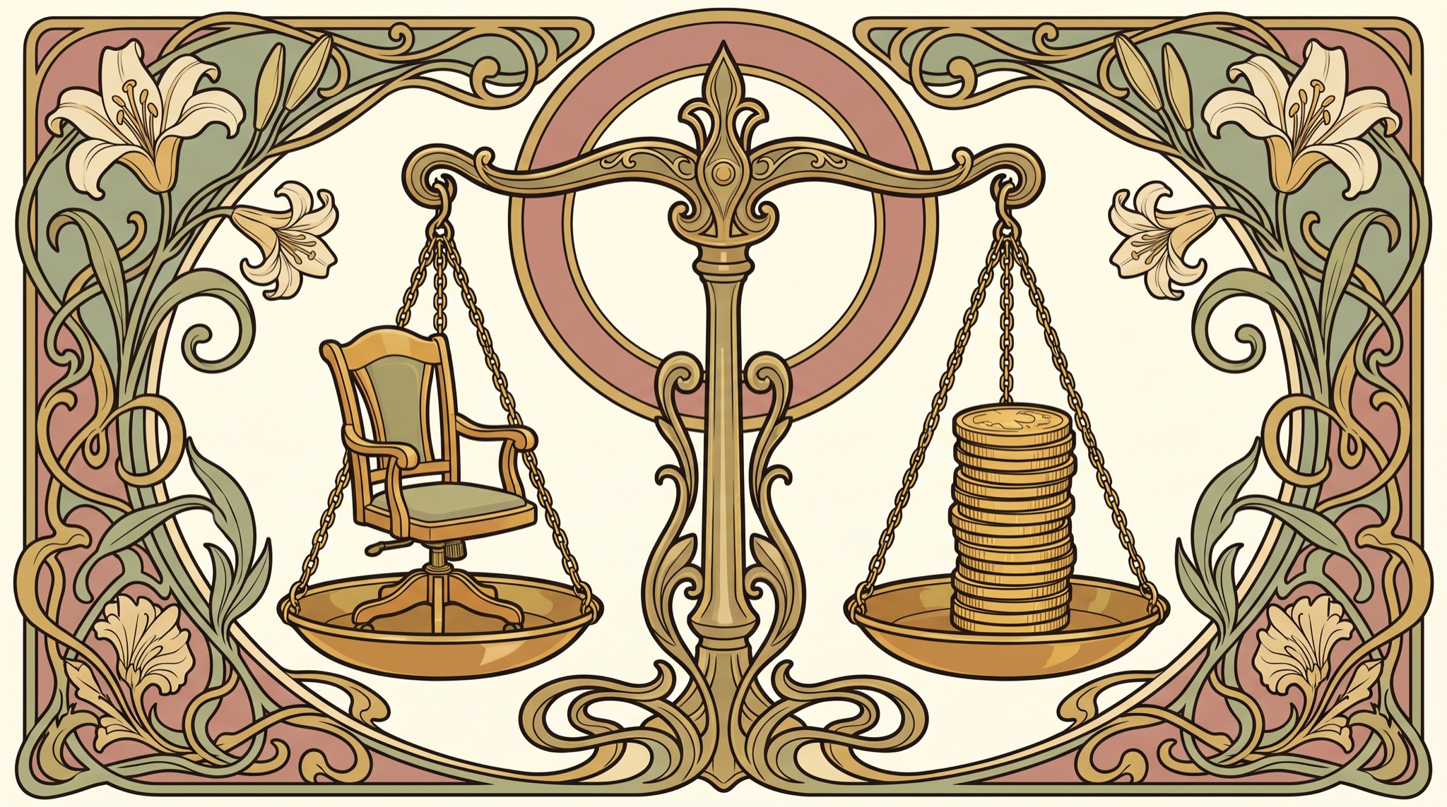 Art nouveau panel of an ornate balance scale holding an empty office chair on one pan and a level stack of gold coins on the other, framed by lilies and vines.