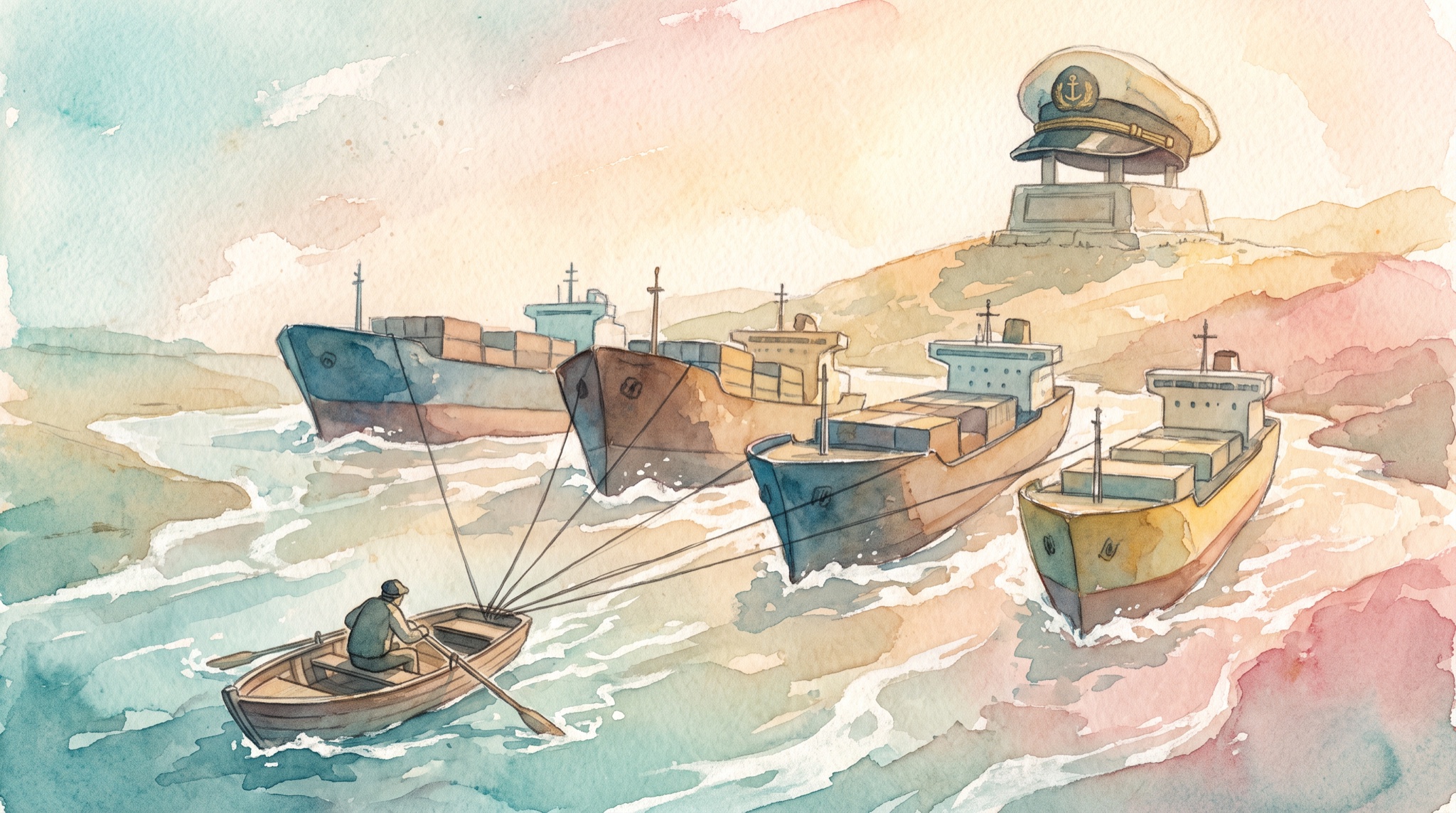 Watercolor of a tiny rowboat towing five large cargo ships against the current with taut ropes, while a captain's hat rests on a stone pedestal on a distant hill.