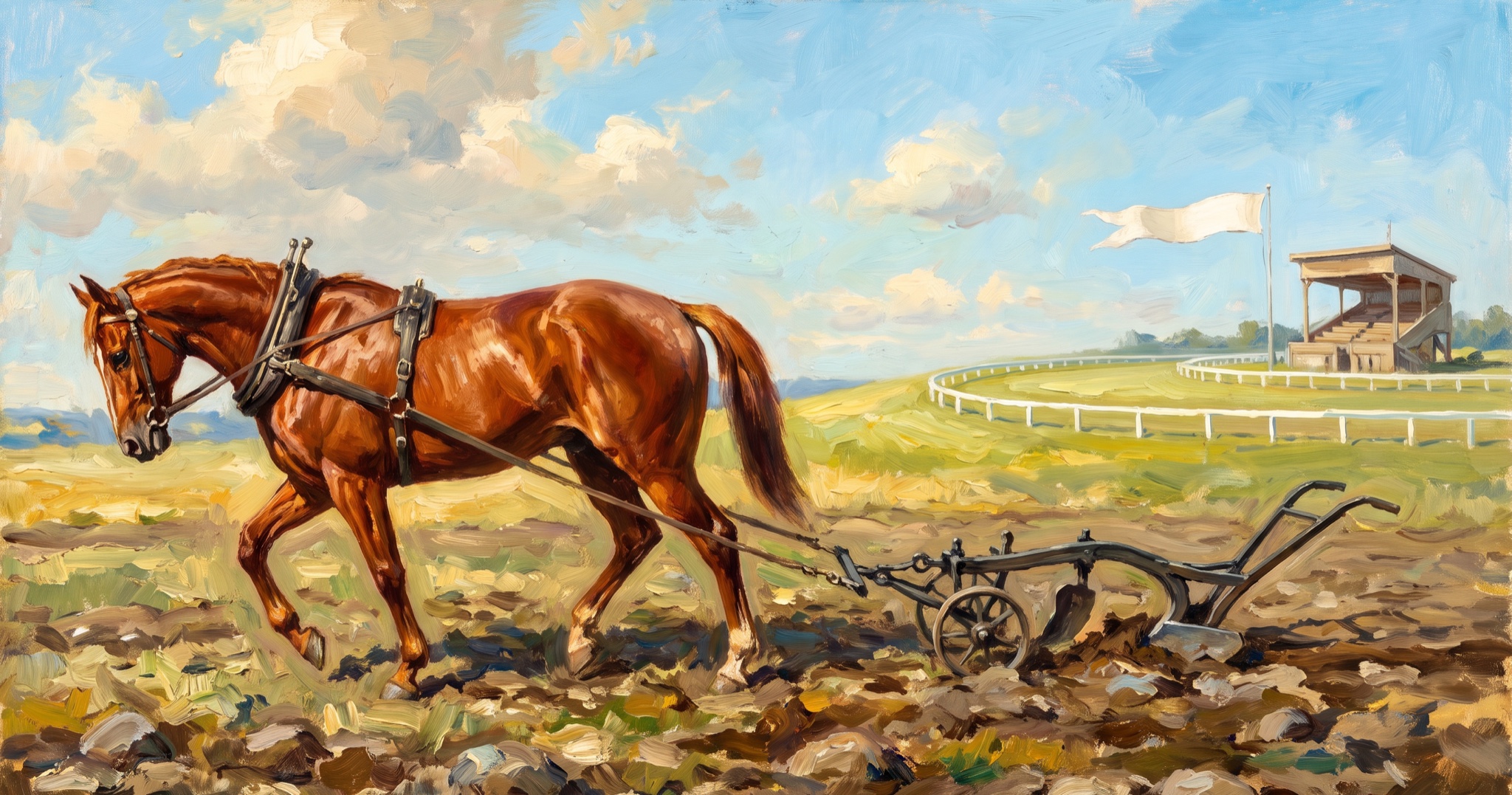 Oil painting of a chestnut racehorse harnessed to an iron plow in a muddy field, with an empty racetrack, grandstand and blank white flag on a hill behind it.