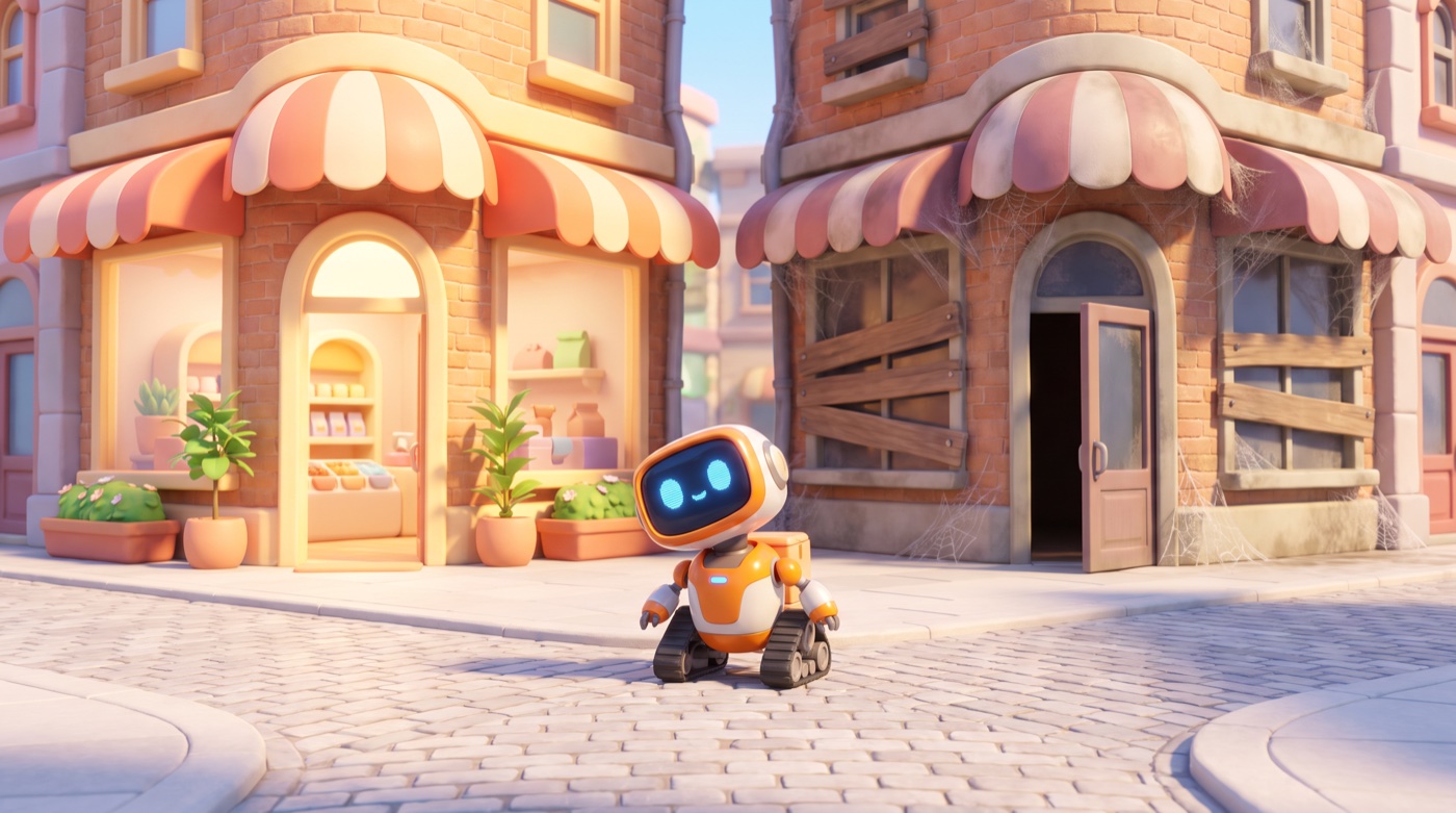 A small delivery robot pauses on a sunny street between two identical storefronts, one open and warmly lit, the other boarded up and covered in cobwebs.