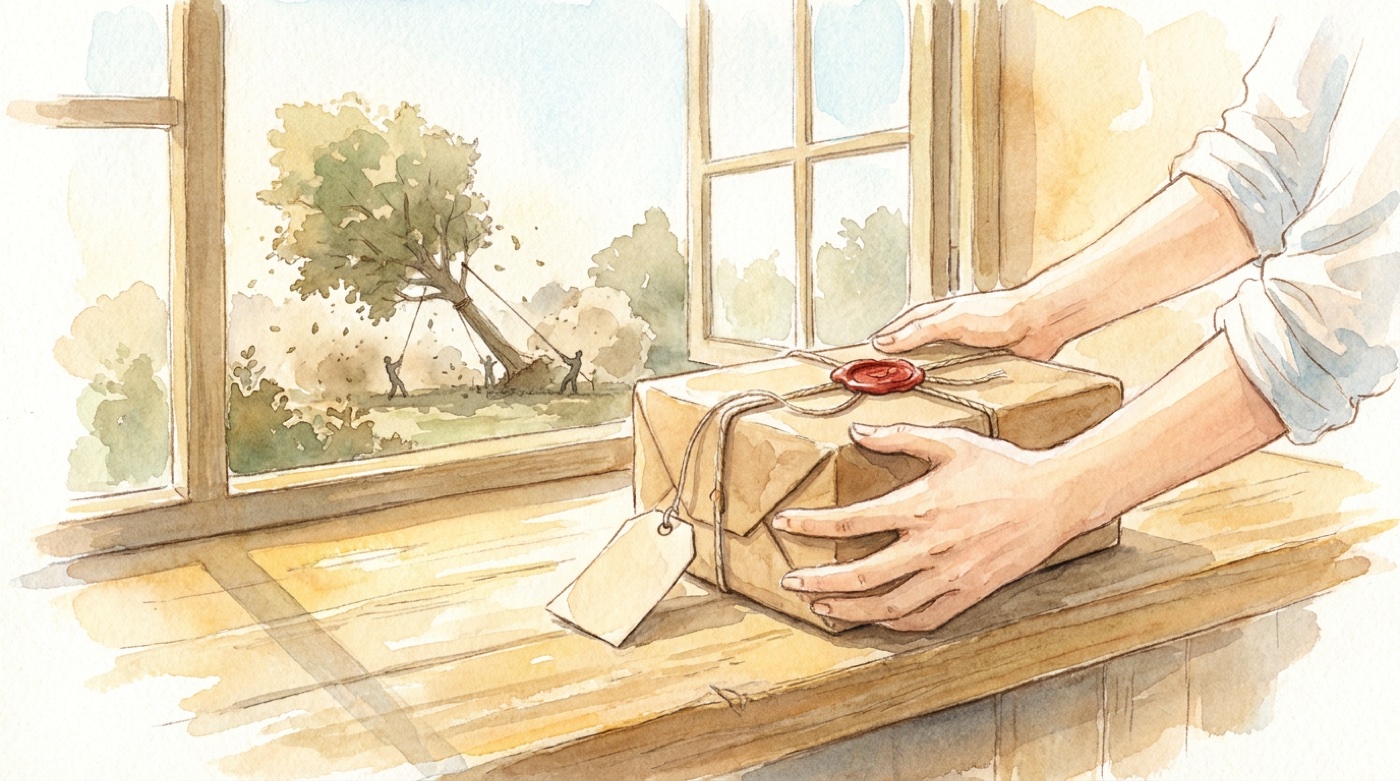 Watercolor of hands placing a wax-sealed parcel with a blank tag on a sunlit shelf while a tree is felled in a distant garden outside the window.