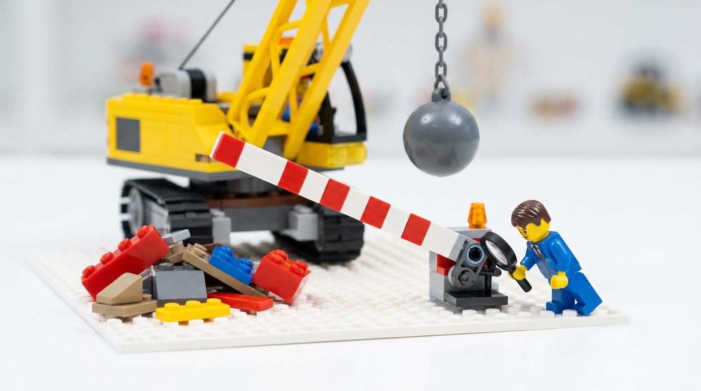 A Lego minifigure inspects the hinge of a lowered red and white barrier gate with a magnifying glass while a Lego crane with a wrecking ball waits behind it.