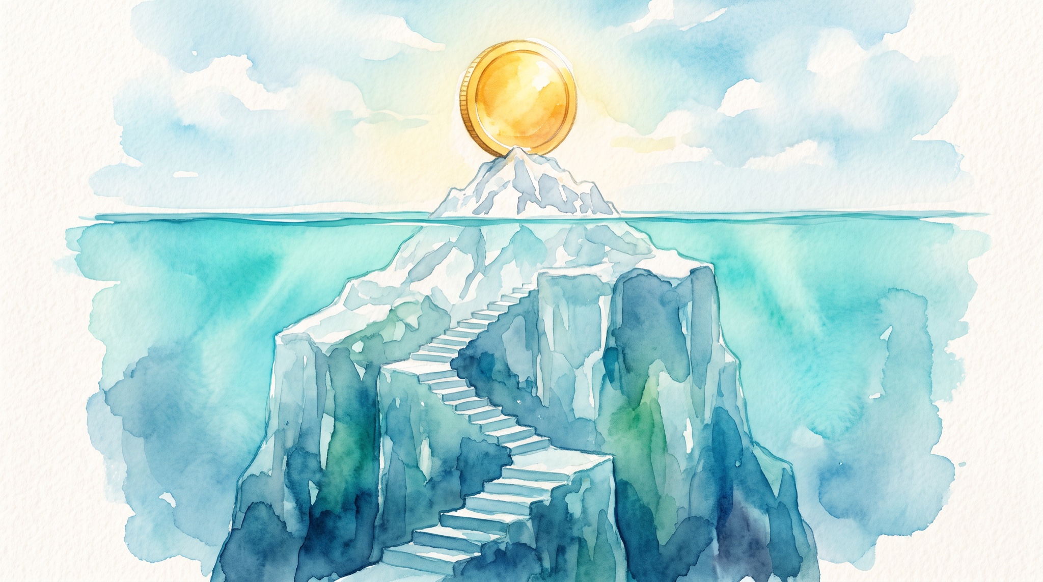 Watercolor of a gold coin resting on the tip of an iceberg above the waterline, with a carved staircase inside the submerged ice below that climbs and stops dead.