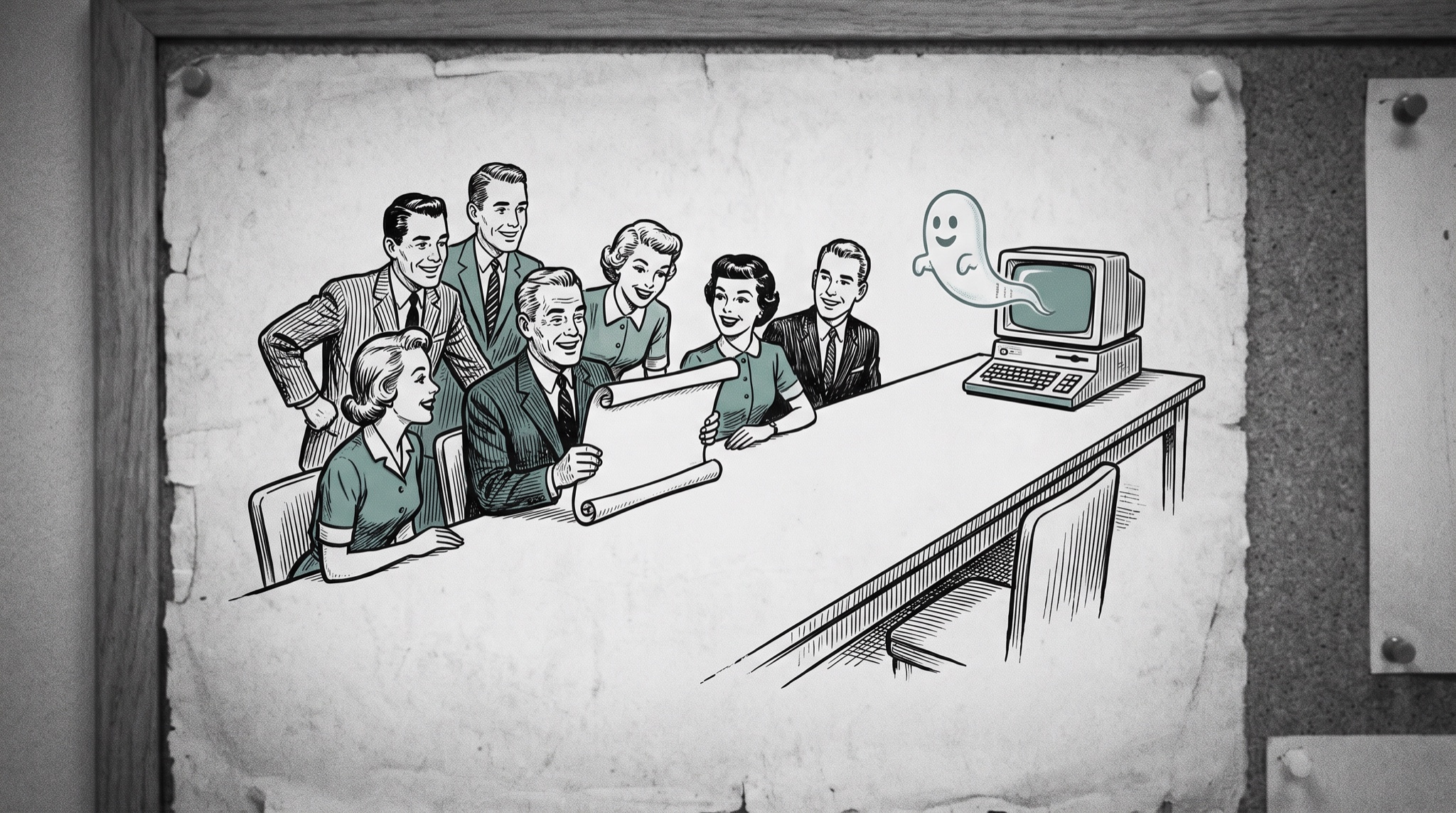 Vintage cartoon of office workers huddled at one end of a long table reading a scroll together while a translucent ghost floats out of a computer screen at the far empty end, unnoticed.