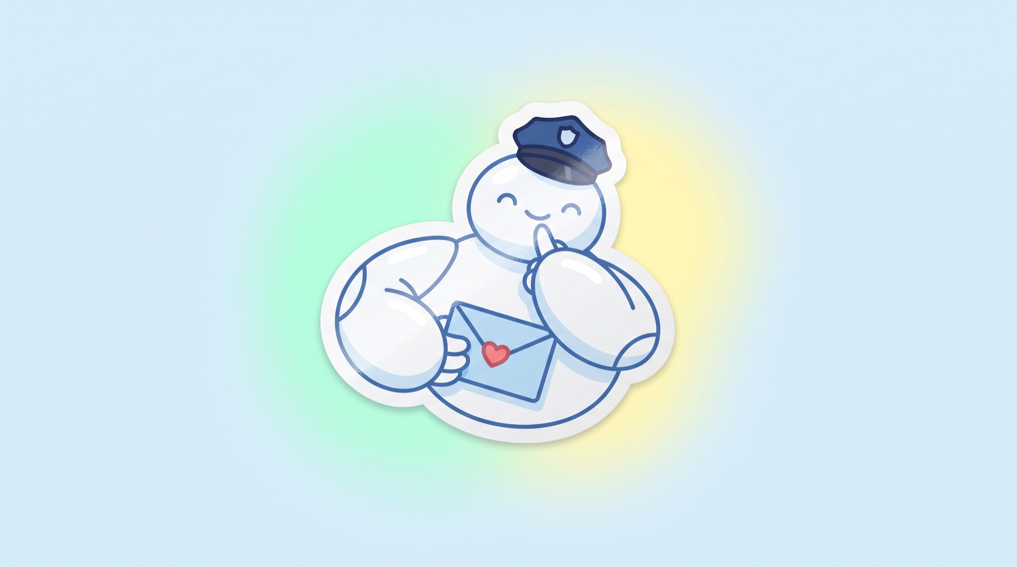 Sticker-style illustration of a round white robot in a police cap holding one sealed envelope and pressing a finger to its mouth in a shush gesture.