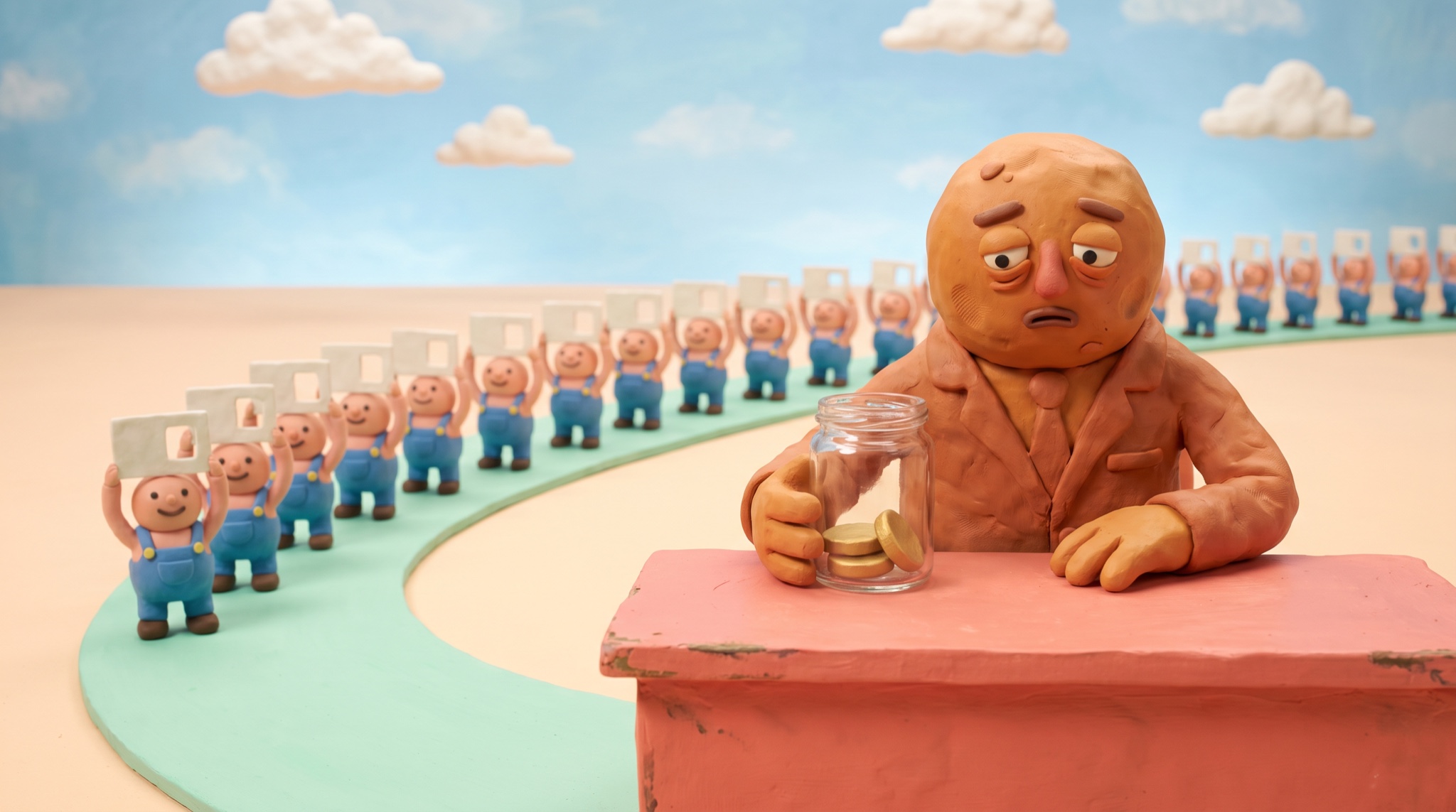 Claymation scene of a tired manager holding a nearly empty jar of gold coins while a long queue of clay engineers each hold up a form with a blank gap.