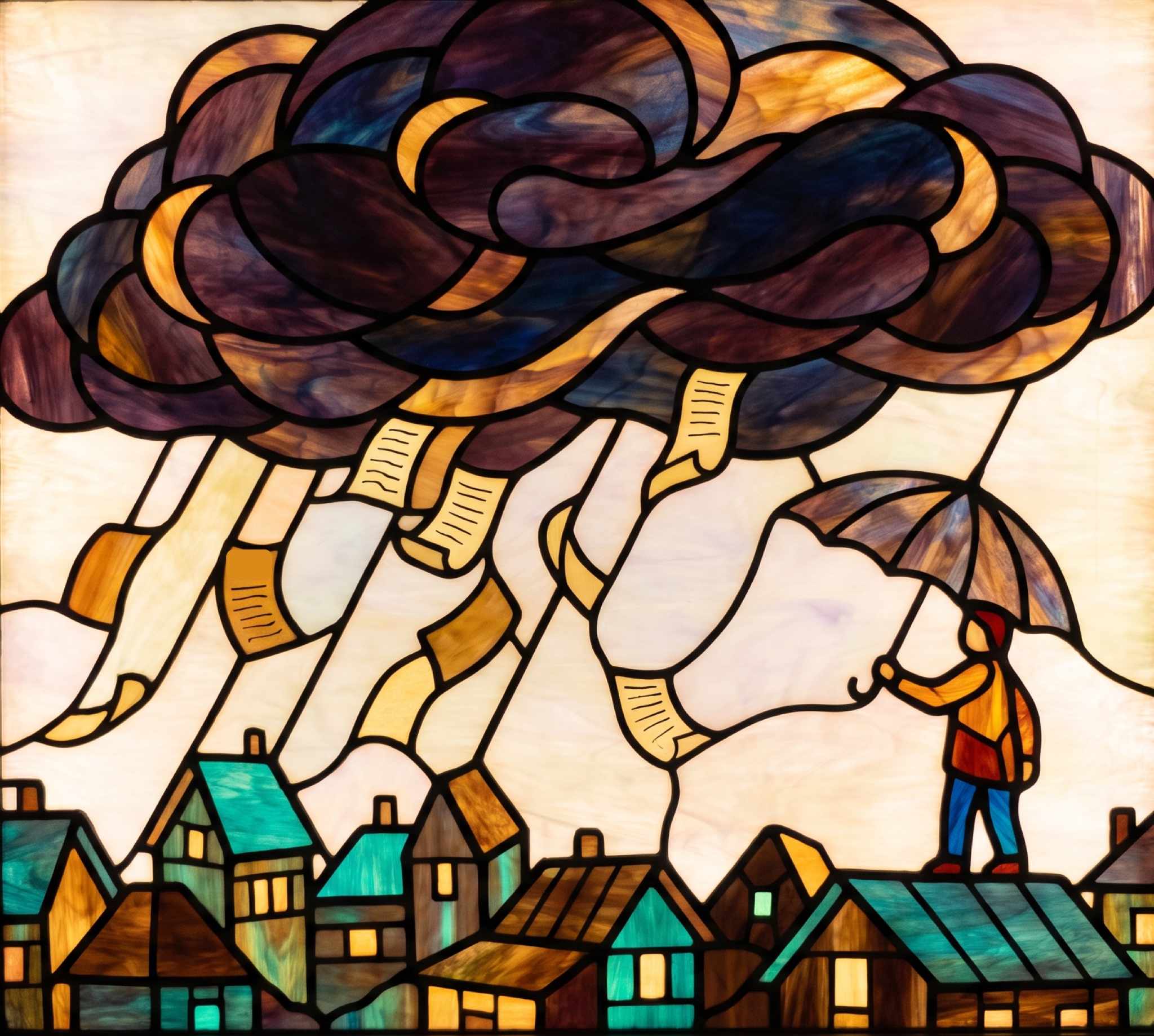 Stained glass window of a storm cloud raining paper scrolls onto a village of small houses while a lone figure on a rooftop holds an umbrella.