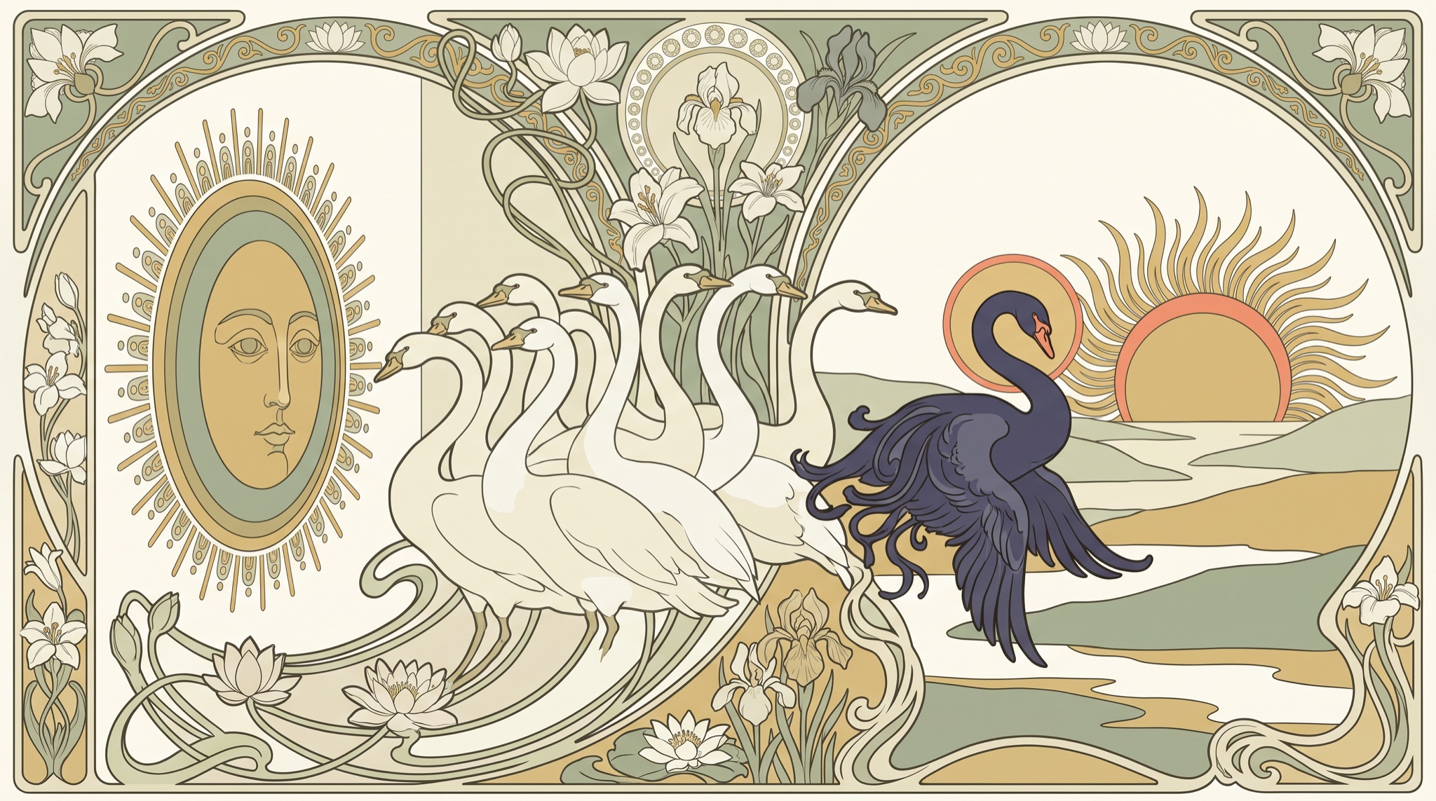 Art nouveau panel of eight white swans gliding in formation toward a flat painted sun while a single dark swan turns toward the real sun rising on the horizon.