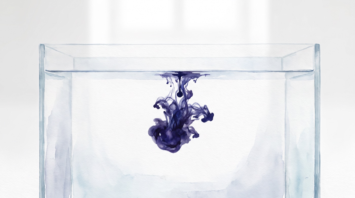 A drop of dark indigo ink dispersing into a clear glass tank of water, tendrils spreading below the surface against a bright white background.