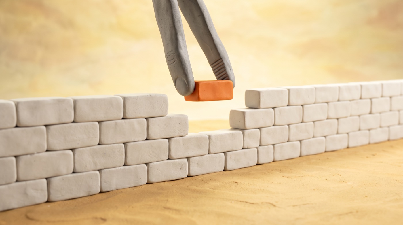 Claymation scene of steel tweezers lifting a single orange clay brick out of a long intact wall of white clay bricks on a bright background.