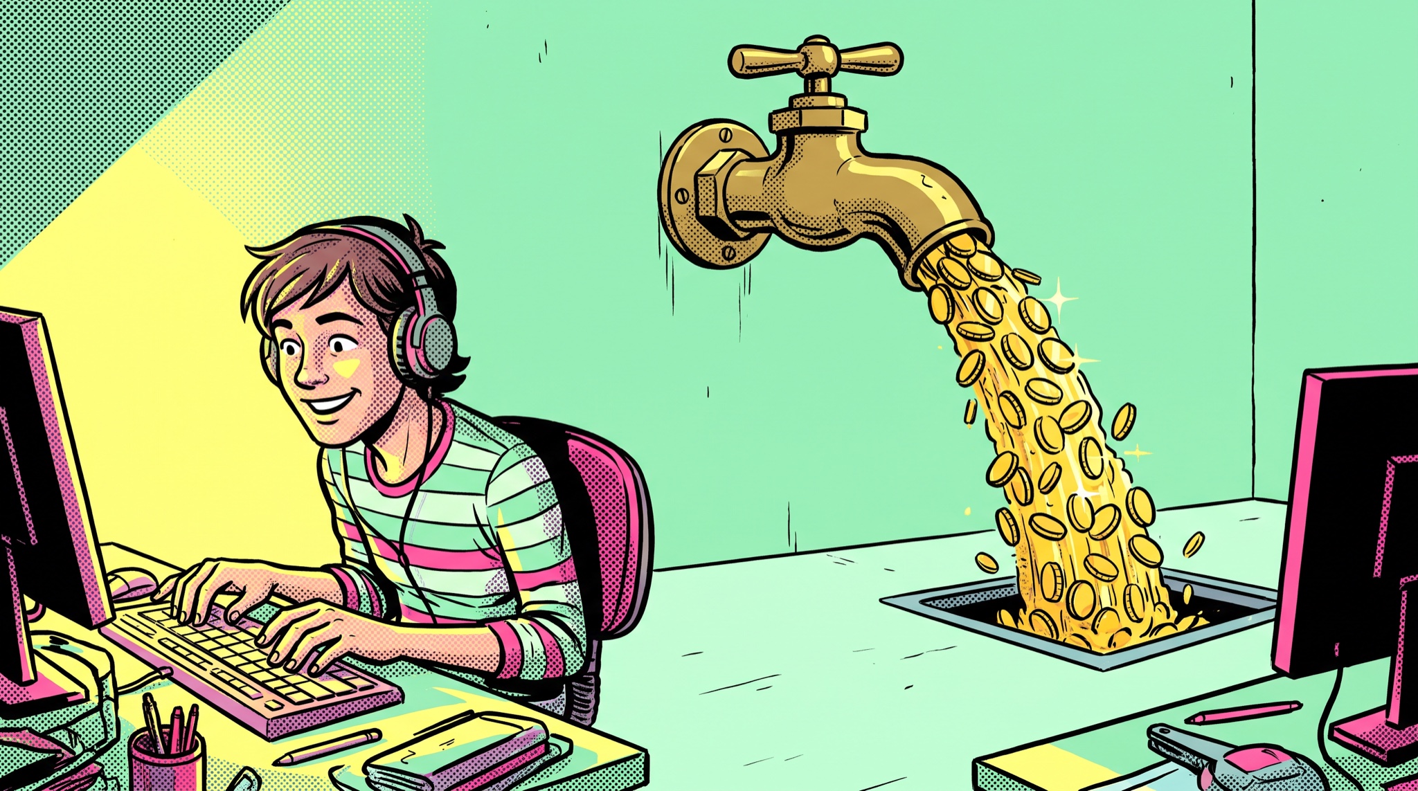 Comic-style illustration of an engineer with headphones typing at a desk while a wall faucet behind them pours gold coins into an open floor drain.