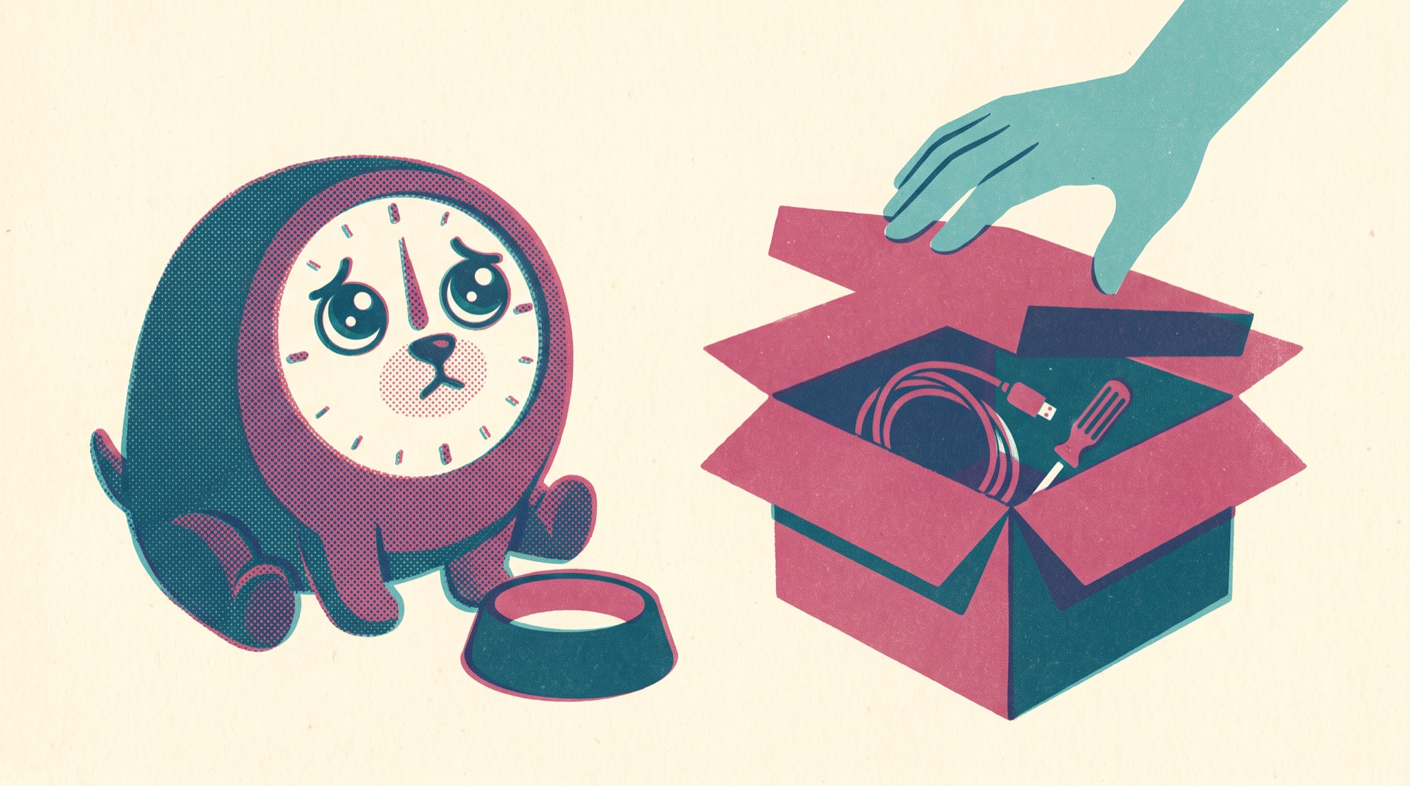 Risograph-style illustration of a sad pet creature shaped like a gauge sitting by an empty food bowl while a hand packs a cable and screwdriver into a cardboard box.