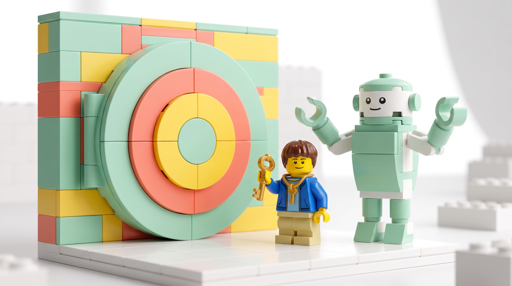 Lego scene of a minifigure holding a golden key in front of a smooth vault door with no keyhole, while a mint green robot holds up two empty hands.