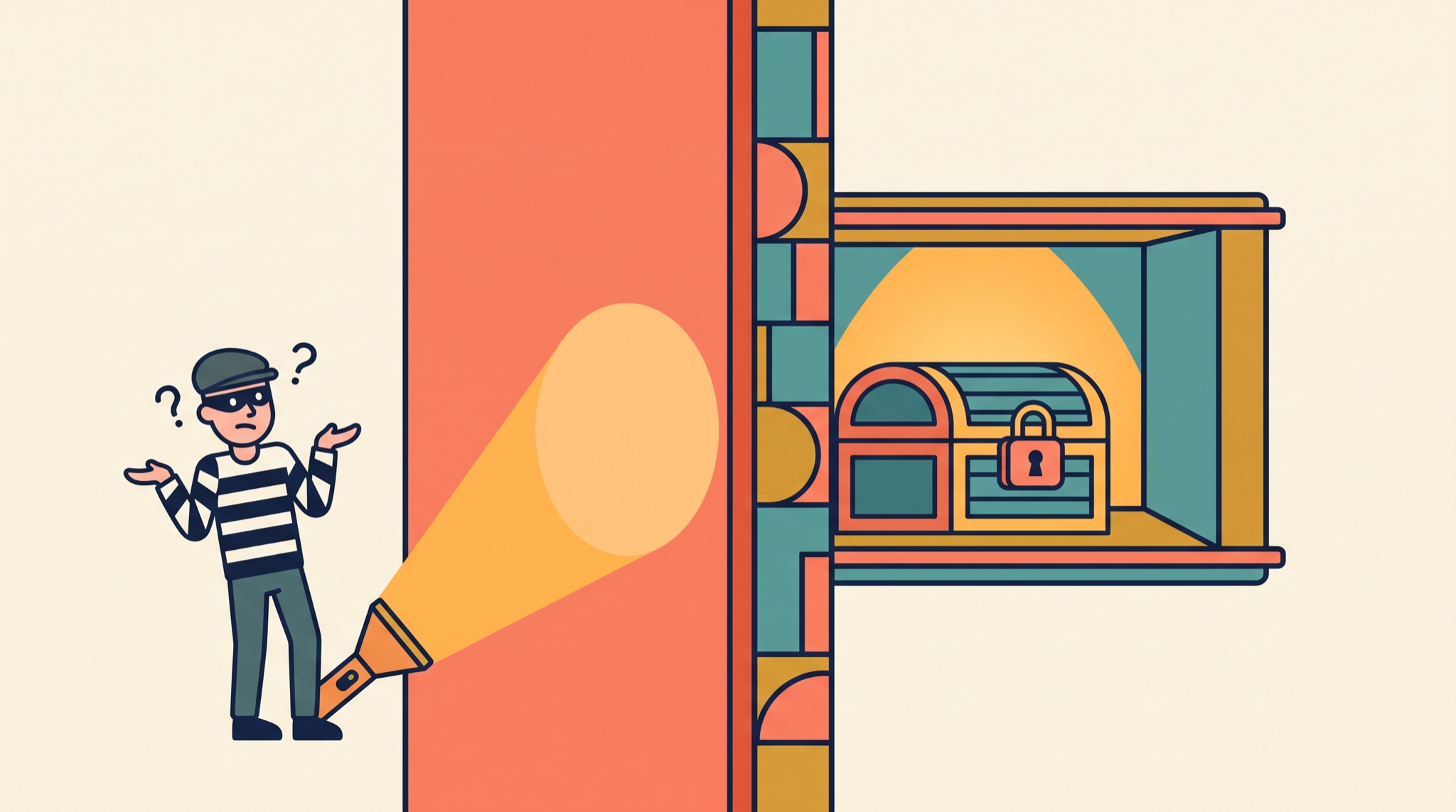 Vector cutaway of a shrugging burglar shining a flashlight at a smooth blank wall, with a hidden room containing a locked treasure chest on the other side.