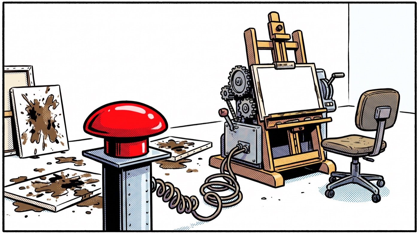 Comic panel of an oversized red button wired straight to an automated easel machine, three crooked muddy paintings dumped on the studio floor, and an empty office chair beside the machine.