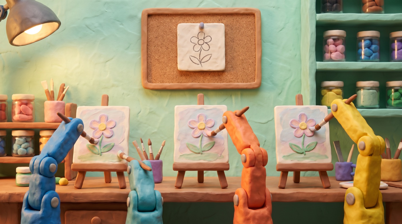 Claymation scene of three plasticine robotic arms painting three variations of the same flower sketch onto three easel canvases, with the original sketch pinned to a corkboard above them.