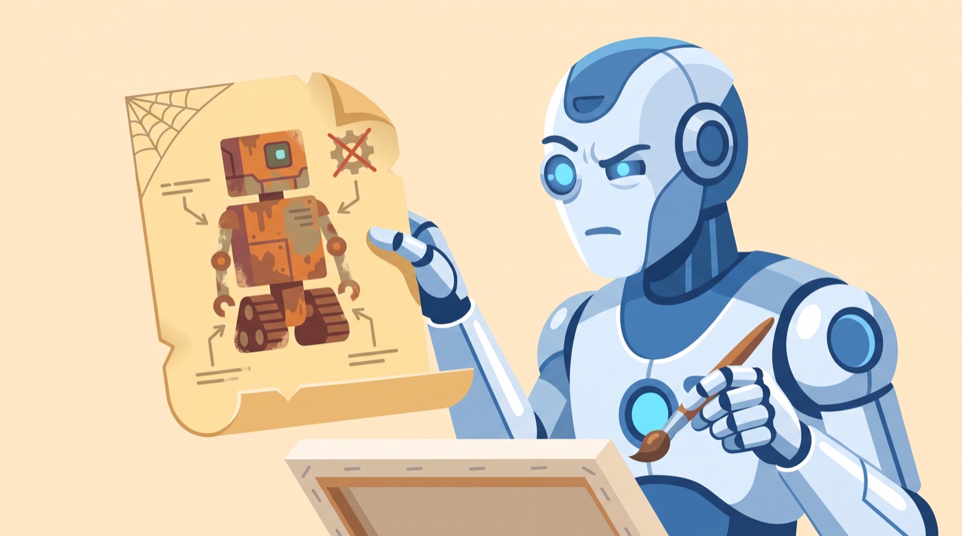 Flat vector illustration of a sleek modern robot painter frowning at a yellowed, cobwebbed instruction sheet that shows a diagram of a rusty old-fashioned boxy robot.