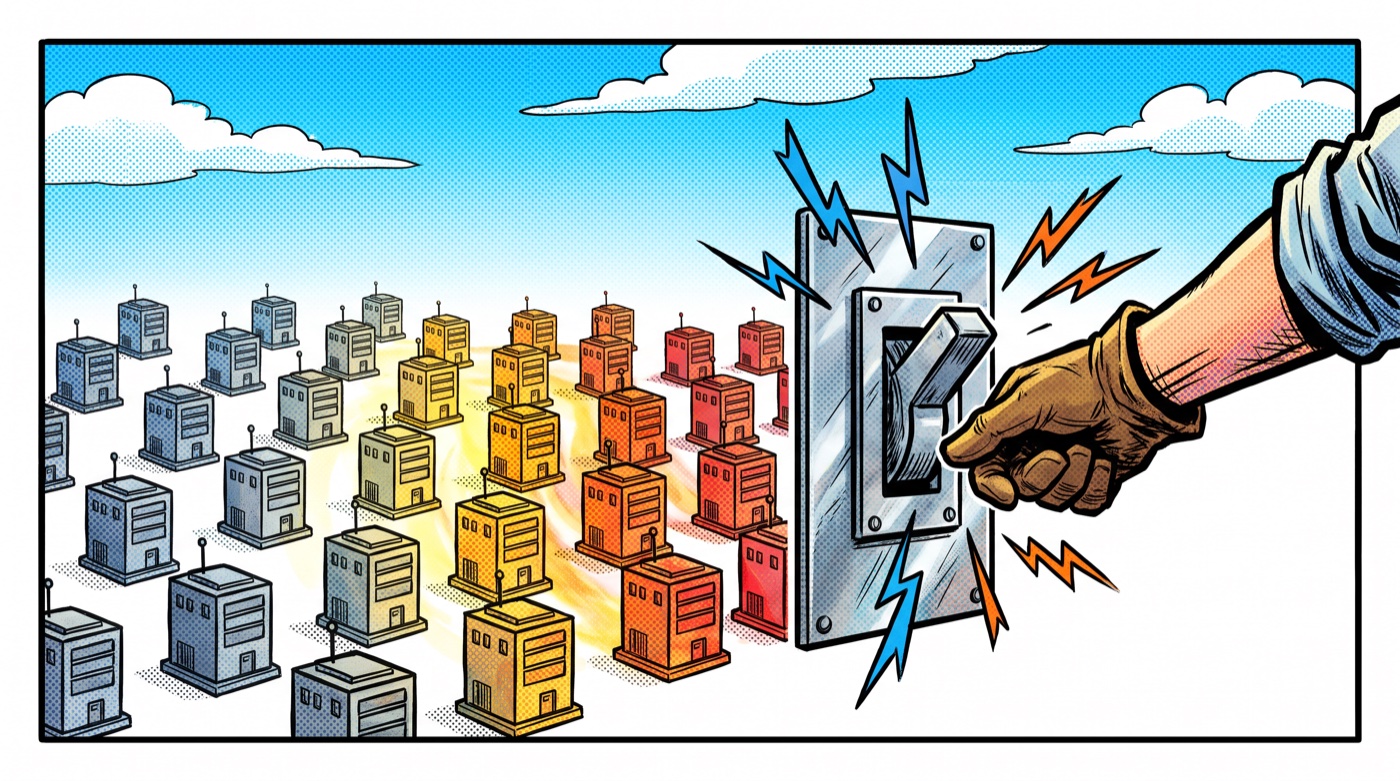 Comic panel of a hand casually flipping a large wall-mounted toggle switch while a wave of color sweeps across a grid of dozens of identical small buildings behind it