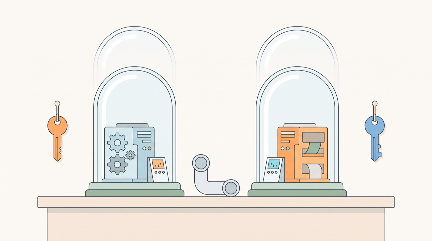 Flat vector illustration of two glass bell jars on a workbench, each sealing its own small machine, with an orange key hanging beside one jar and a blue key beside the other, and a cut, capped pipe between them