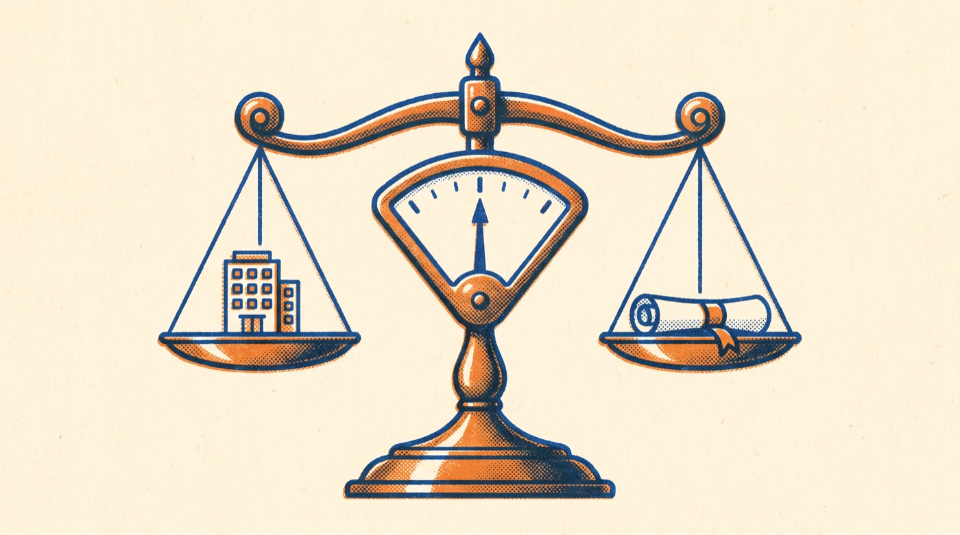 Risograph-style print of a brass balance scale perfectly level, one pan holding a small office building and the other a rolled paper scroll, with the pointer needle at dead center
