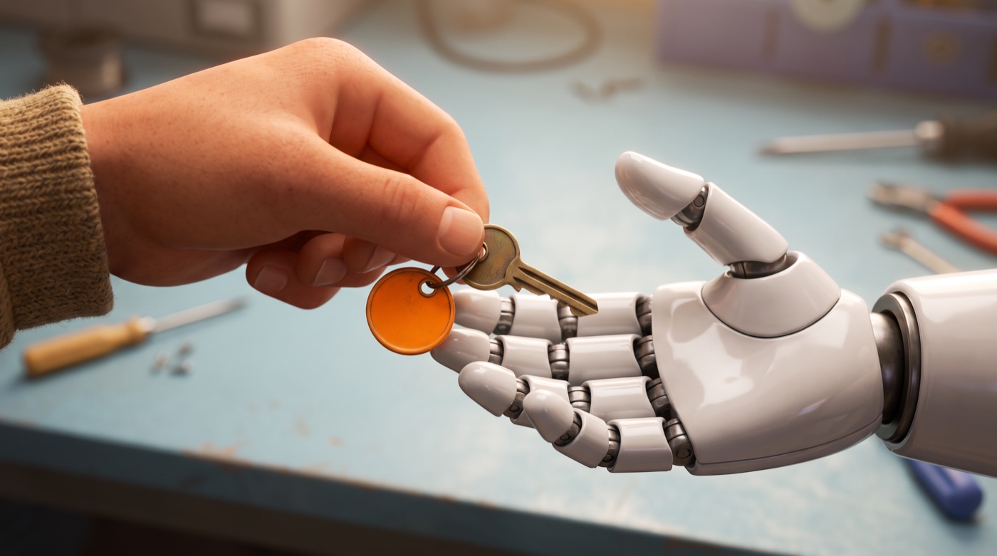 A human hand hands a small brass key with a single orange tag to a white robotic hand above a workbench.