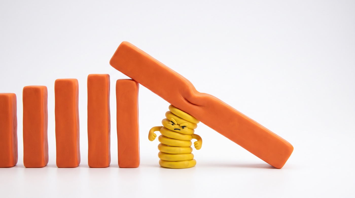A tiny yellow coil spring props up a huge orange chart bar that has toppled over, with shorter bars standing in a row behind it.