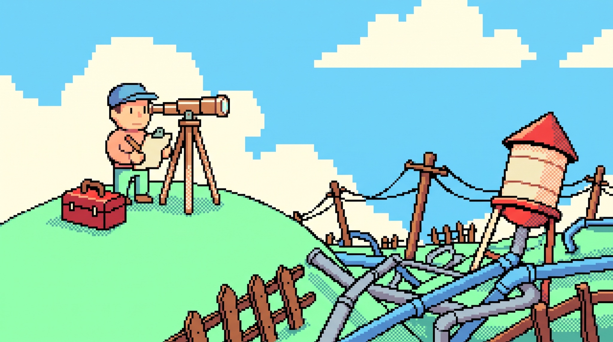 Pixel art of a surveyor on a hill sketching on a clipboard beside a tripod spyglass and a closed red toolbox, overlooking a valley tangled with crooked fences, knotted wires, pipes and a tilted water tower.