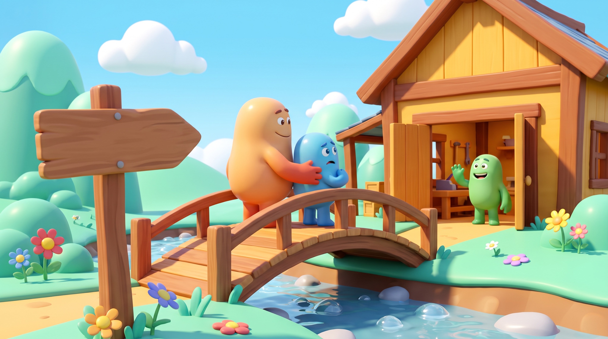 3D cartoon of an orange character with an arm around a worried blue character, walking them across a footbridge toward a workshop where a green character waves from the doorway; a blank wooden signpost stands behind them.