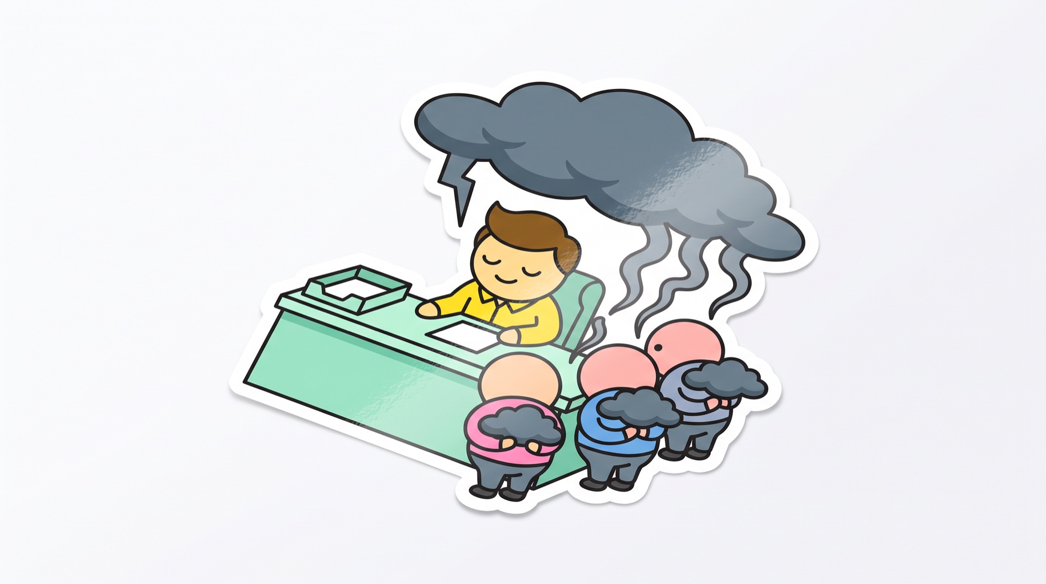 Sticker-style drawing of a smiling boss at a tidy desk with an empty tray while three coworkers behind him hide small storm clouds that merge into one large storm cloud above his head.