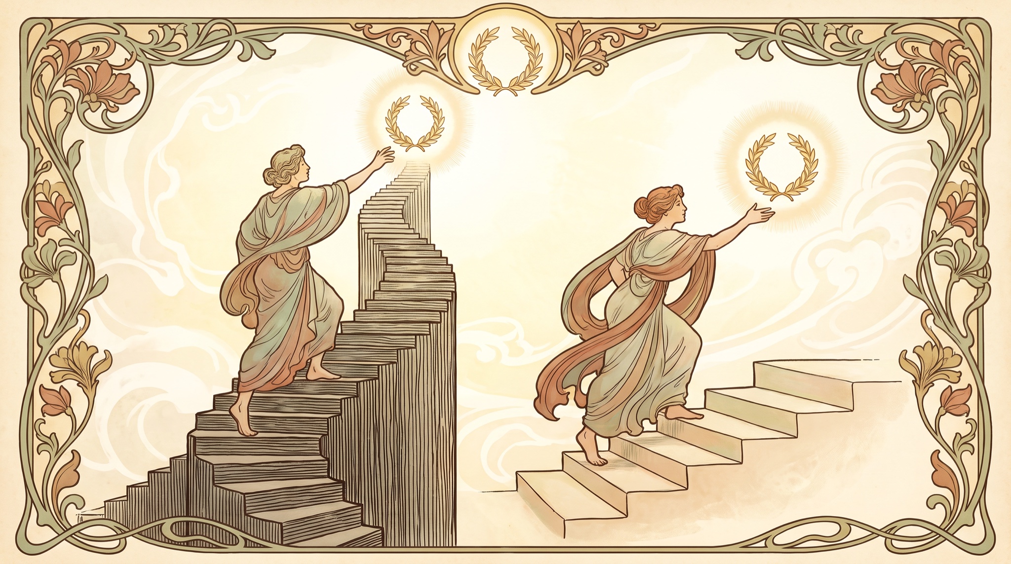 Art nouveau illustration of two robed figures climbing separate staircases, one tall and steep, one short and gentle, each reaching for an identical golden laurel wreath.