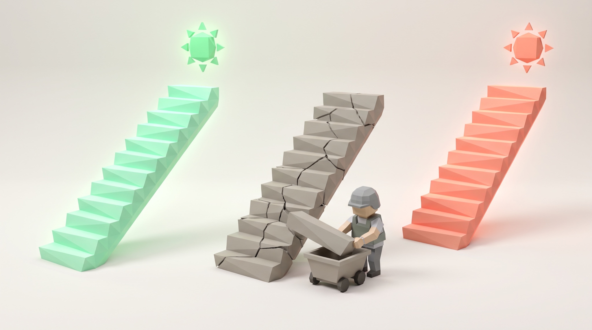 Low-poly scene of three staircases: a mint and a coral one glowing under small suns, and a cracked grey staircase in the middle being dismantled by a tiny worker loading a piece into a cart.