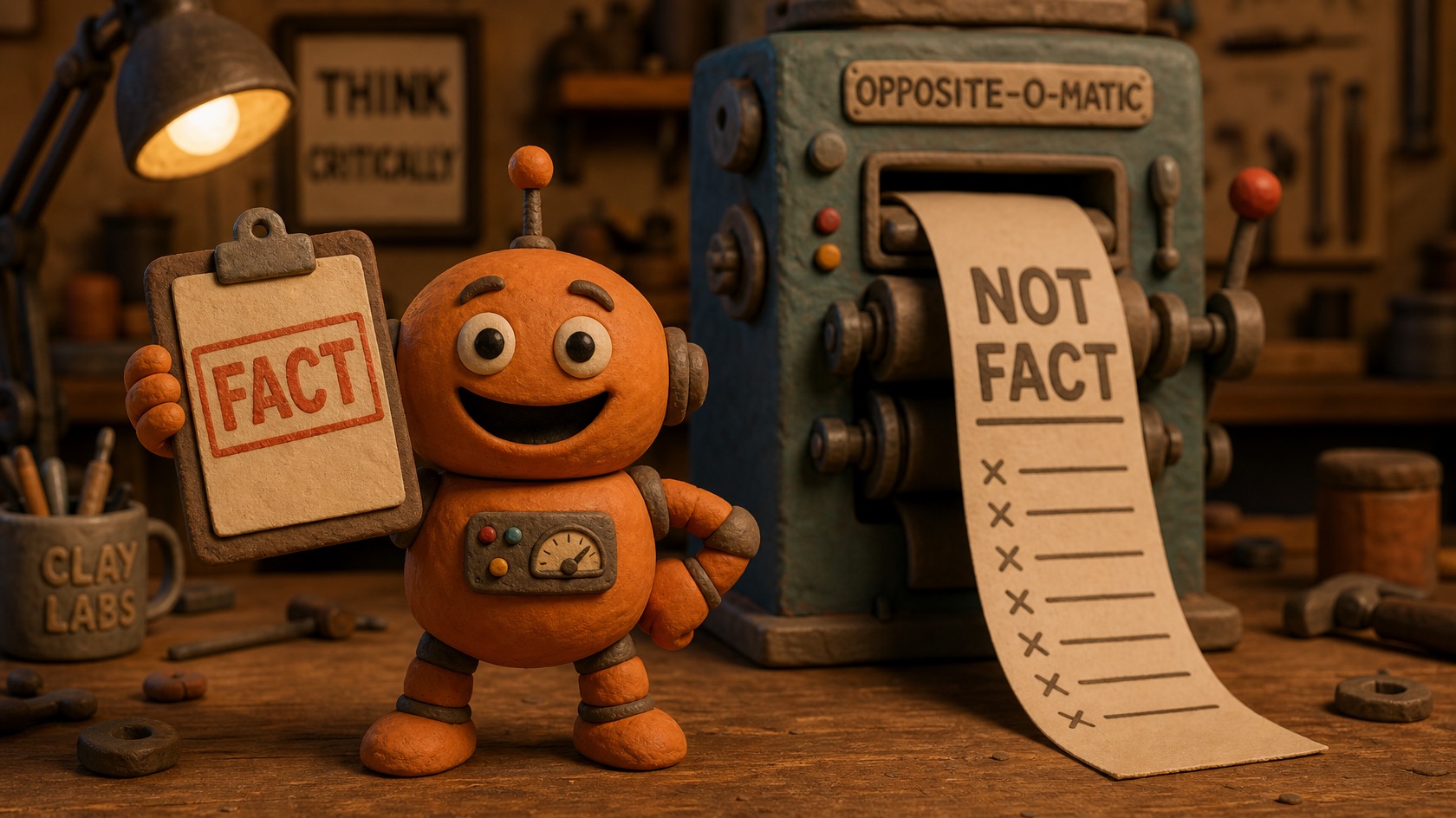 Claymation workshop scene: a beaming orange clay robot holds up a clipboard stamped FACT, while directly behind it a machine labelled OPPOSITE-O-MATIC prints a long checklist reading NOT FACT. A small sign on the wall says THINK CRITICALLY. The robot is facing away from the machine.